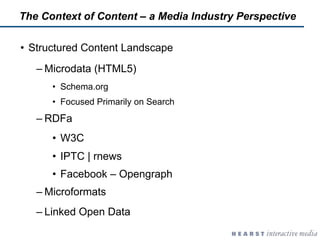 The Context of Content – a Media Industry Perspective

•  Structured Content Landscape
   – Microdata (HTML5)
      •  Sch...