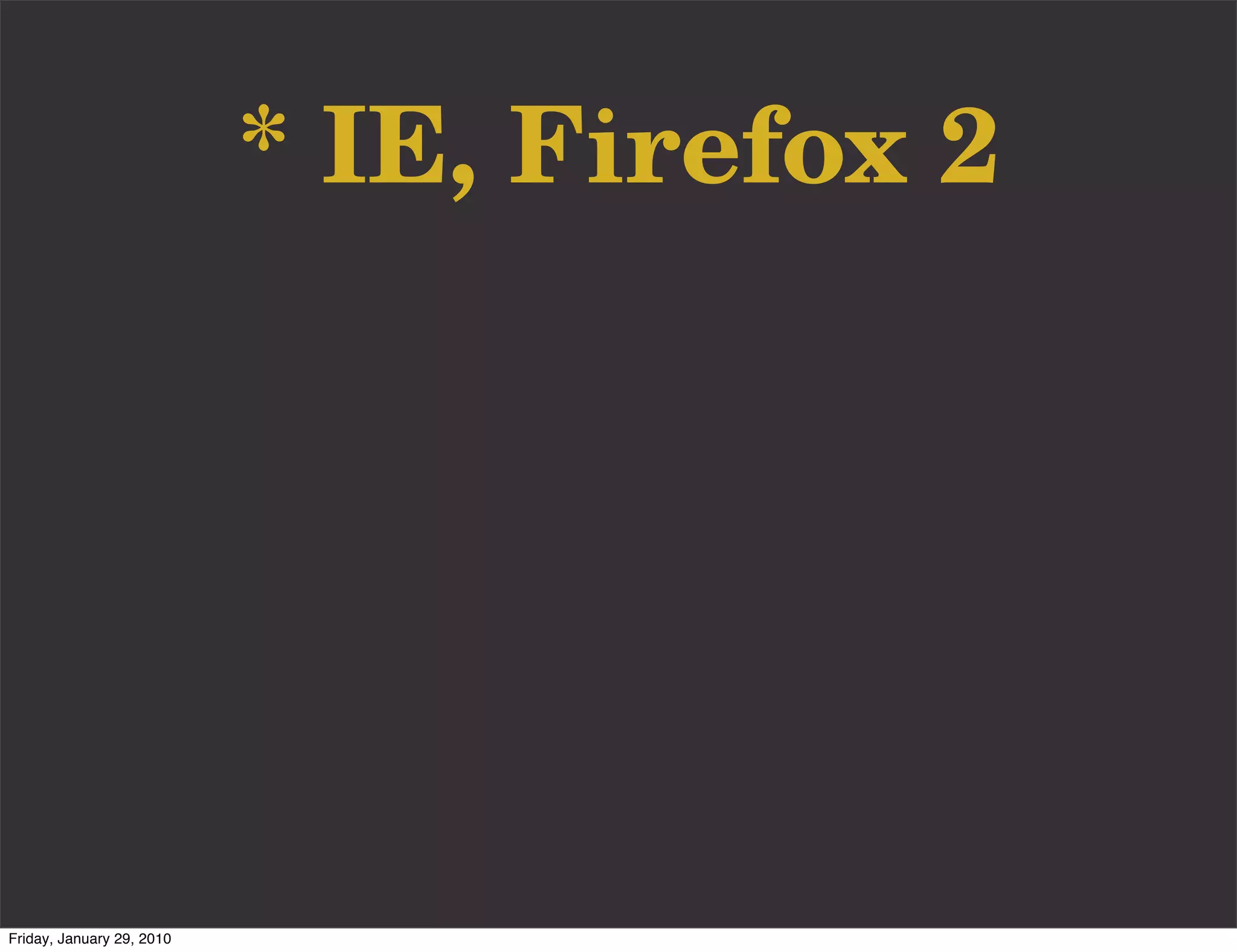 * IE, Firefox 2




Friday, January 29, 2010
 