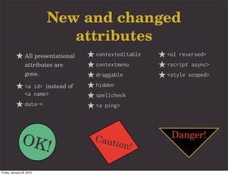New and changed
                              attributes
                  All presentational   contexteditable   <ol reversed>
                  attributes are       contextmenu       <script async>
                  gone.                draggable         <style scoped>
                  <a id> instead of    hidden
                  <a name>             spellcheck
                  data-*               <a ping>




               OK!                     Caut
                                                ion!
                                                          Danger!


Friday, January 29, 2010
 