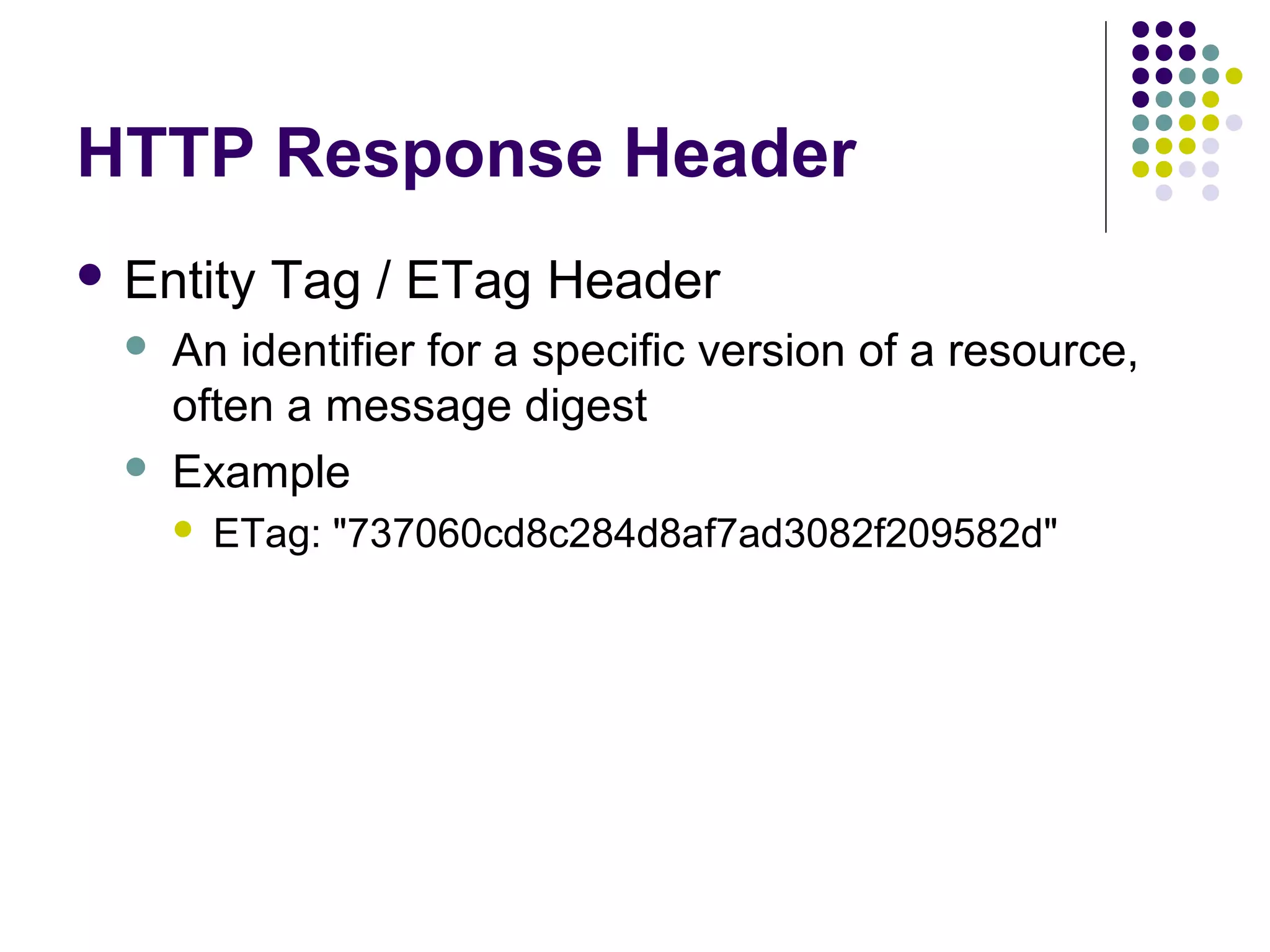 HTTP Response Header  Entity   Tag / ETag Header An identifier for a specific version of a resource, often a message digest Example  ETag: "737060cd8c284d8af7ad3082f209582d" 