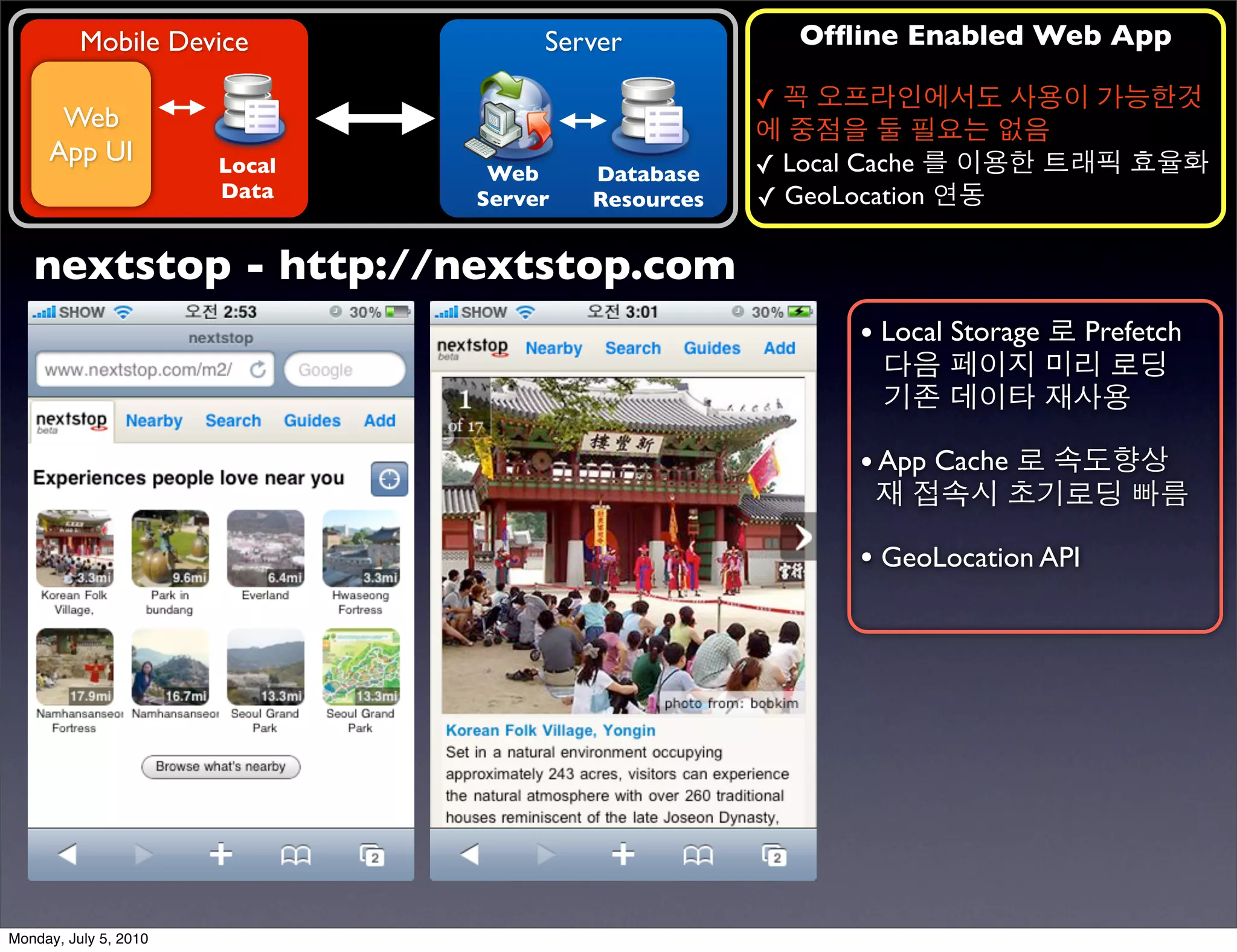 Mobile Device             Server            Ofﬂine Enabled Web App

                                                    ✓ 꼭 오프라인에서도 사용이 가능한것
      Web                                           에 중점을 둘 필요는 없음
     App UI            Local                        ✓ Local Cache 를 이용한 트래픽 효율화
                                Web     Database
                       Data    Server   Resources   ✓ GeoLocation 연동

   nextstop - http://nextstop.com
                                                          • Local Storage 로 Prefetch
                                                           다음 페이지 미리 로딩
                                                           기존 데이타 재사용

                                                          • App Cache 로 속도향상
                                                           재 접속시 초기로딩 빠름

                                                          • GeoLocation API




Monday, July 5, 2010
 