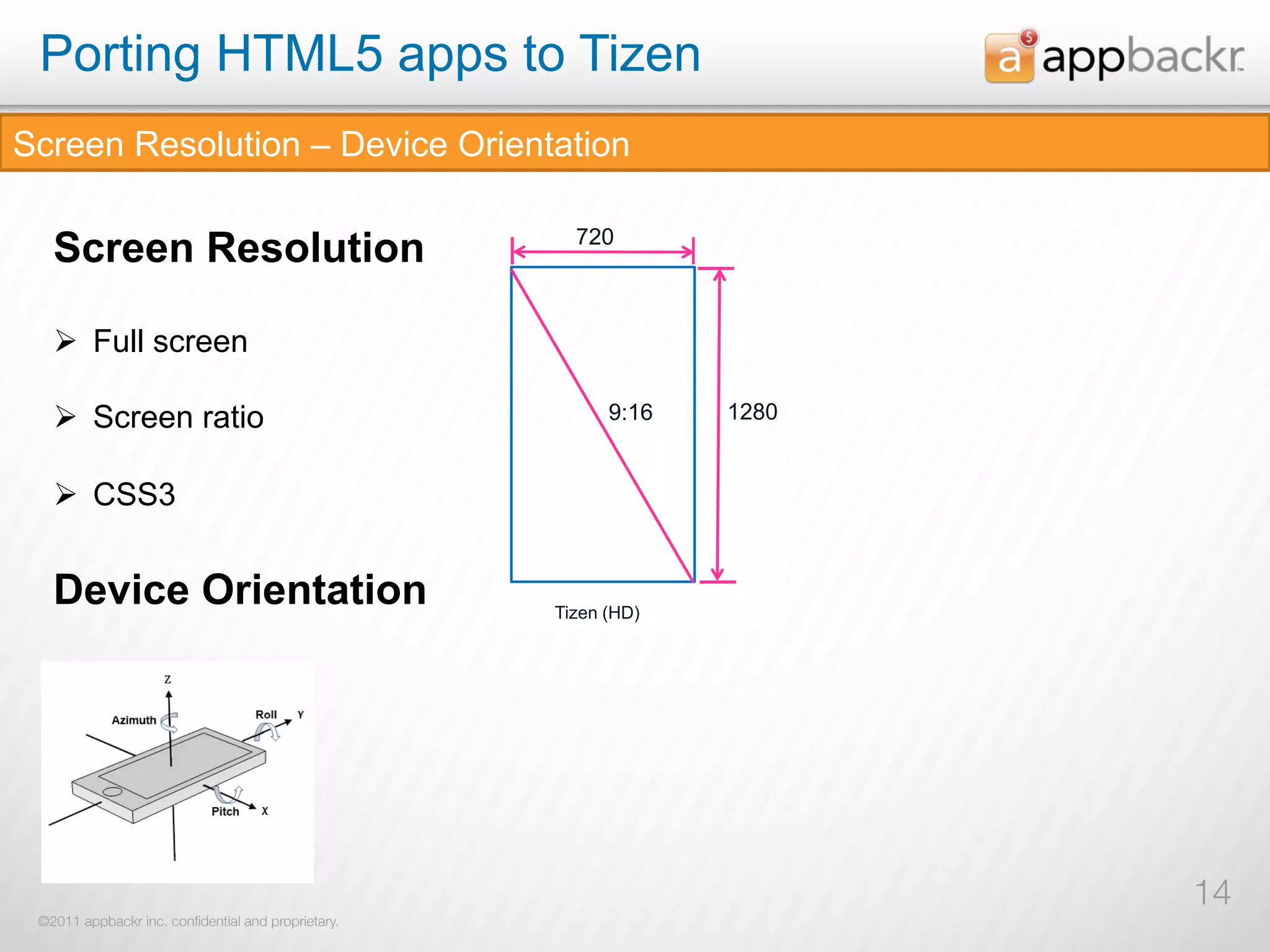 Porting HTML5 apps to Tizen
 Screen Resolution – Device Orientation

"#$%&'(#$)#*+#
   Screen Resolution                                                   %#"



     Ø  Full screen
         !"#$


     Ø  Screen ratio                                                     '(!)           !#&"
                      !%(!"                 )""
"#$%"&'($")*+*$,)
  Ø  CSS3


     Device Orientation
!"#$%&'(')*+$,-&*$.#/$*00$'1$2#1'()#2$3%&$4"#$5+*6/%%781$90%&4&*'4:$;%2#
   345670089:;<=>?@
                                                   A+,-.9:BC@
!"#$0"61'<*+$+%('<$%3$&%0#$;%=#;#)4$'1$';0+#;#)4#2$')$4"'1$%&'#)4*4'%)

                                                                             *+,-./012




                                                       !"# "$$%&%'() *($+,#-./.01
                                                       "$$23%&%(!('+2"$$(4(#"+5,'6'$4785'9:#"!5+;231
                                                       "$$2;%&%(!('+2"$$(4(#"+5,'6'$4785'9:#"!5+;2;1




                                                                                                       14
   ©2011 appbackr inc. conﬁdential and proprietary.
 