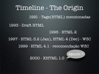 Timeline - The Origin
          1991 - Tags(HTML) mensionadas

1993 - Draft HTML
                    1995 - HTML 2
1997 - HTML 3.2 (Jan), HTML 4 (Dec) - W3C
    1999 - HTML 4.1 - recomendação W3C

                             #gambi ?
          2000 - XHTML 1.0
 