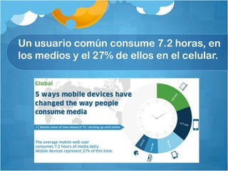 Un usuario común consume 7.2 horas, en
los medios y el 27% de ellos en el celular.
 