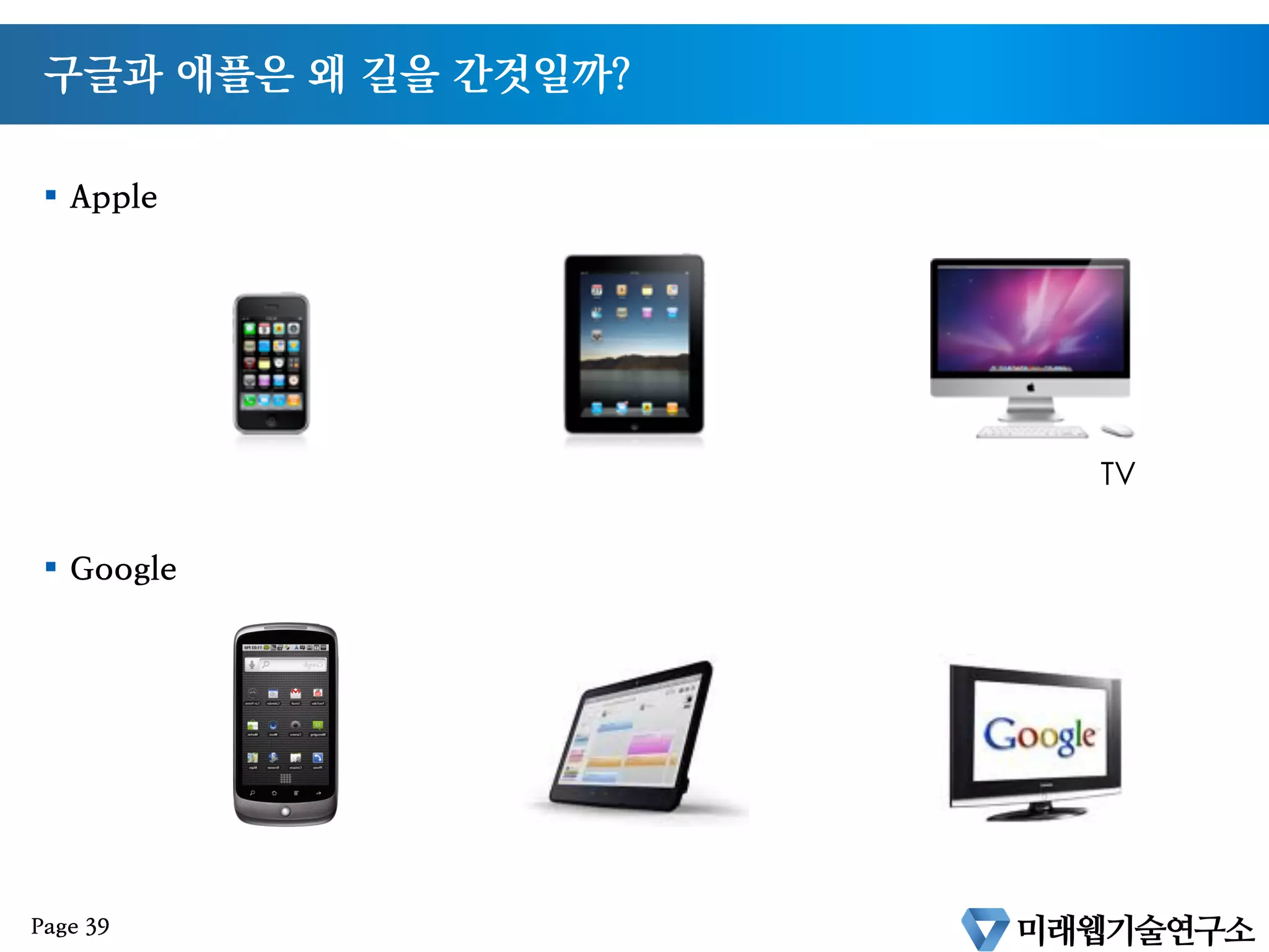 애플의 HTML5 전략
§  애플은 컴퓨터와 휴대폰을 만드는 회사
§  웹에서 비디오 재생을 위해서 플래시와 같은 기술에 종속되고 싶지 않음
§  모바일웹에서 비디오 재생을 위해서 플래시를 제거하고 HTML5를 적극 옹호함
Page 38
 