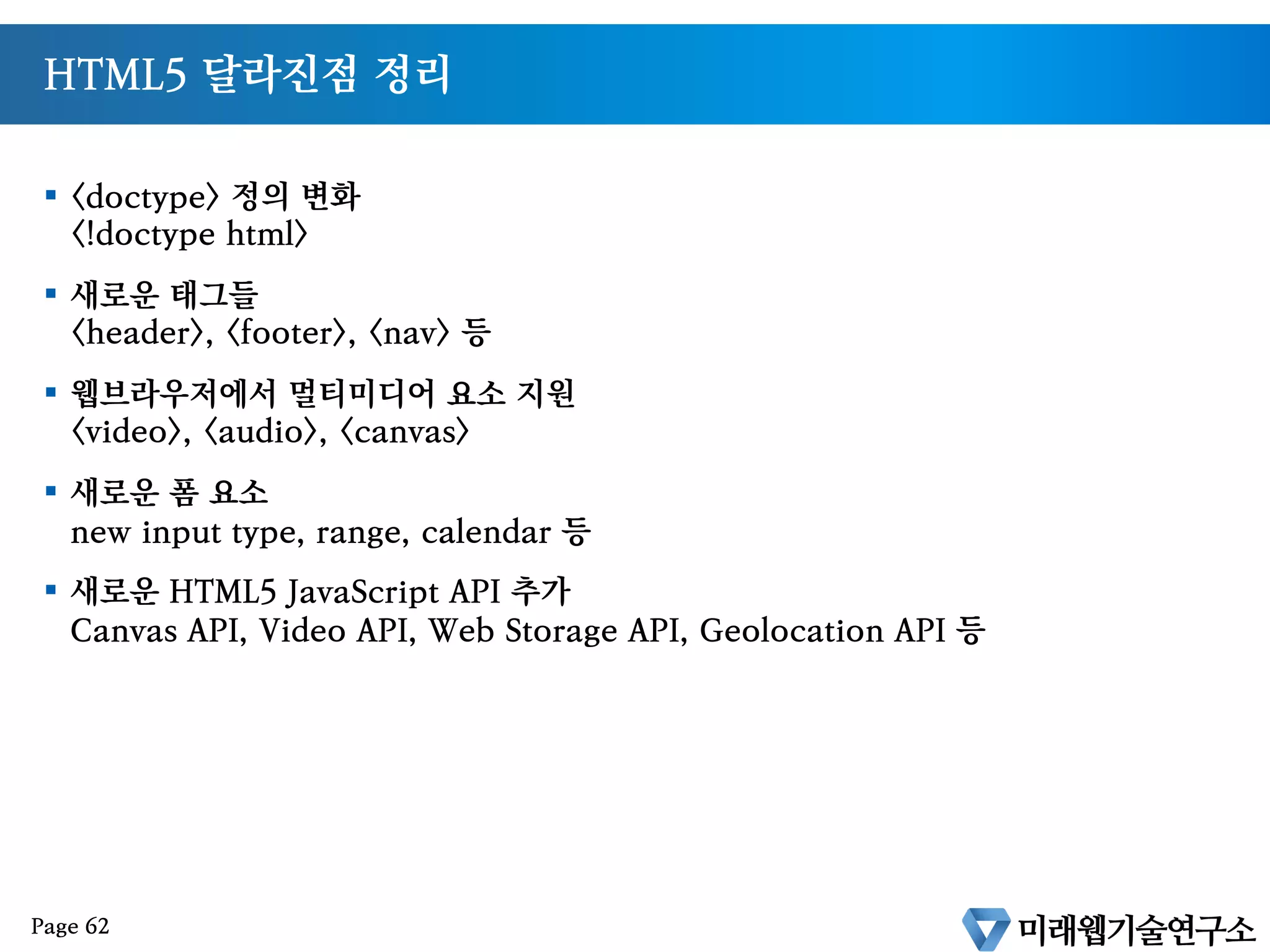 New HTML5 Javascript API
§  canvas drawing API
§  video, audio control API
§  Local Storage API
§  Web SQL DB API / Indexed DB API
§  Geolocation API
§  Offline web apps API
§  Web Socket / Web Worker
§  Drag and Drop API
§  File API
Page 61
 