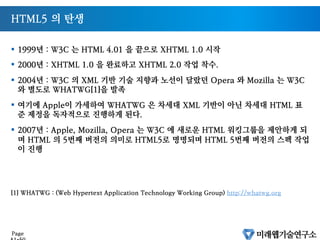HTML의 역사
§  HTML 1.0 1993.03
§  HTML 2.0 1995.11
§  HTML 3.0 1996.04
§  HTML 3.2 1997.01
§  HTML 4.0 1997.12
§  HTML 4.01 1999.12 HTML
§  XHTML 1.0 2000.01 HTML + XML
§  XHTML 1.1 2001.05
§  XHTML 2.0 2006.07 하위 호환 안됨
§  HTML 5 2014.10.28
Page 49
 