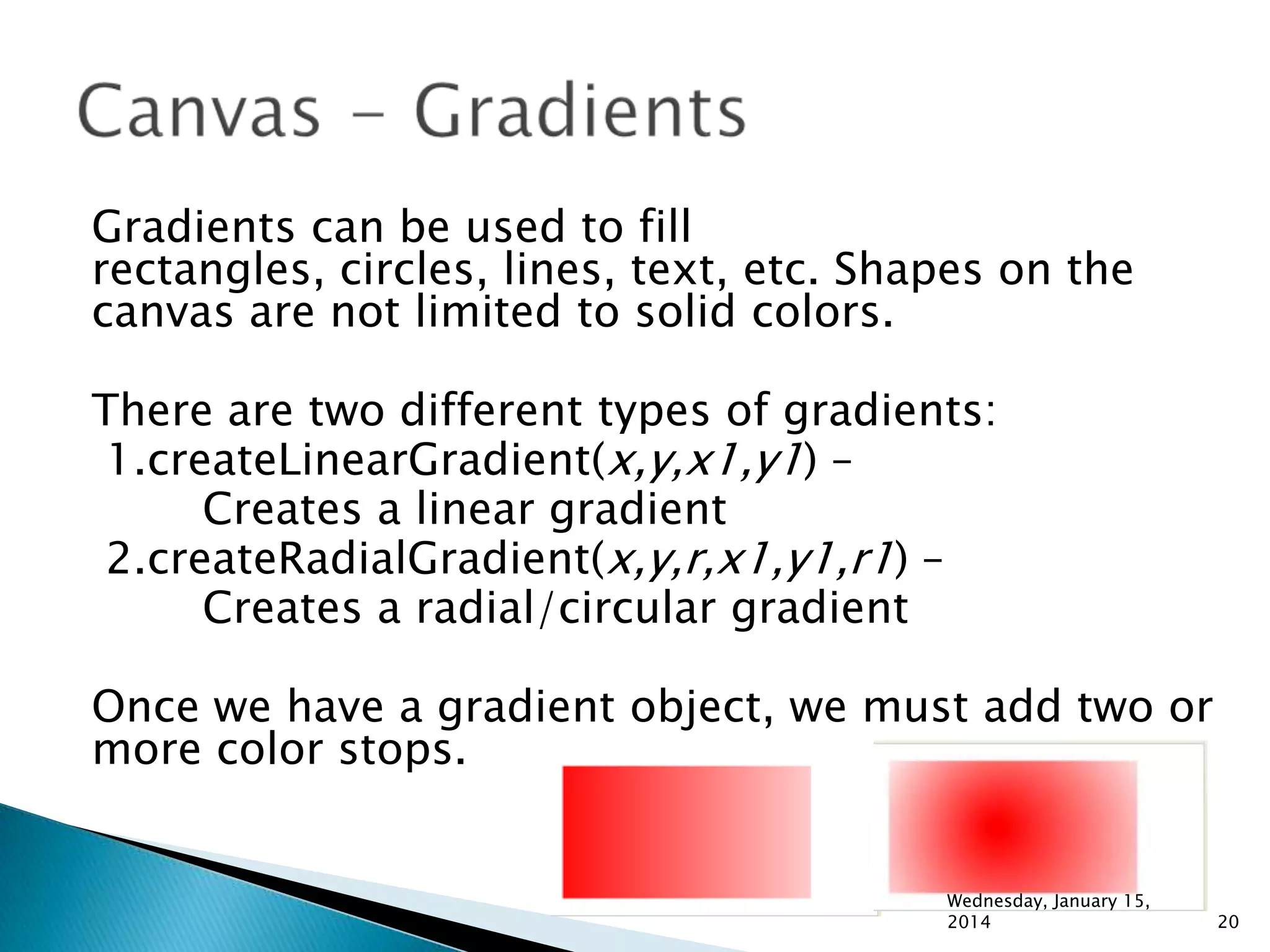 Gradients can be used to fill
rectangles, circles, lines, text, etc. Shapes on the
canvas are not limited to solid colors.
There are two different types of gradients:
1.createLinearGradient(x,y,x1,y1) –
Creates a linear gradient
2.createRadialGradient(x,y,r,x1,y1,r1) –
Creates a radial/circular gradient
Once we have a gradient object, we must add two or
more color stops.

Wednesday, January 15,
2014

20

 