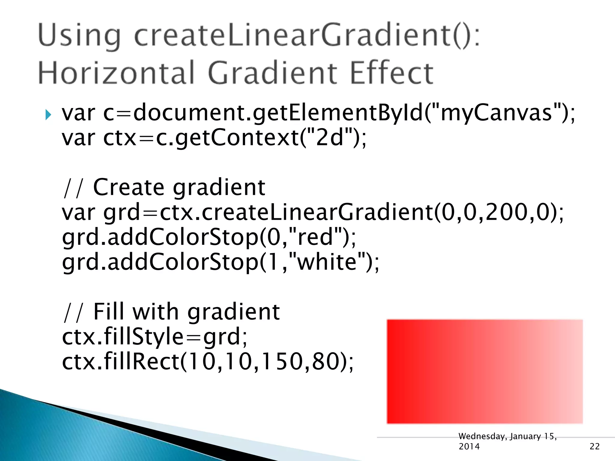

var c=document.getElementById("myCanvas");
var ctx=c.getContext("2d");
// Create gradient
var grd=ctx.createLinearGradient(0,0,200,0);
grd.addColorStop(0,"red");
grd.addColorStop(1,"white");
// Fill with gradient
ctx.fillStyle=grd;
ctx.fillRect(10,10,150,80);
Wednesday, January 15,
2014

22

 
