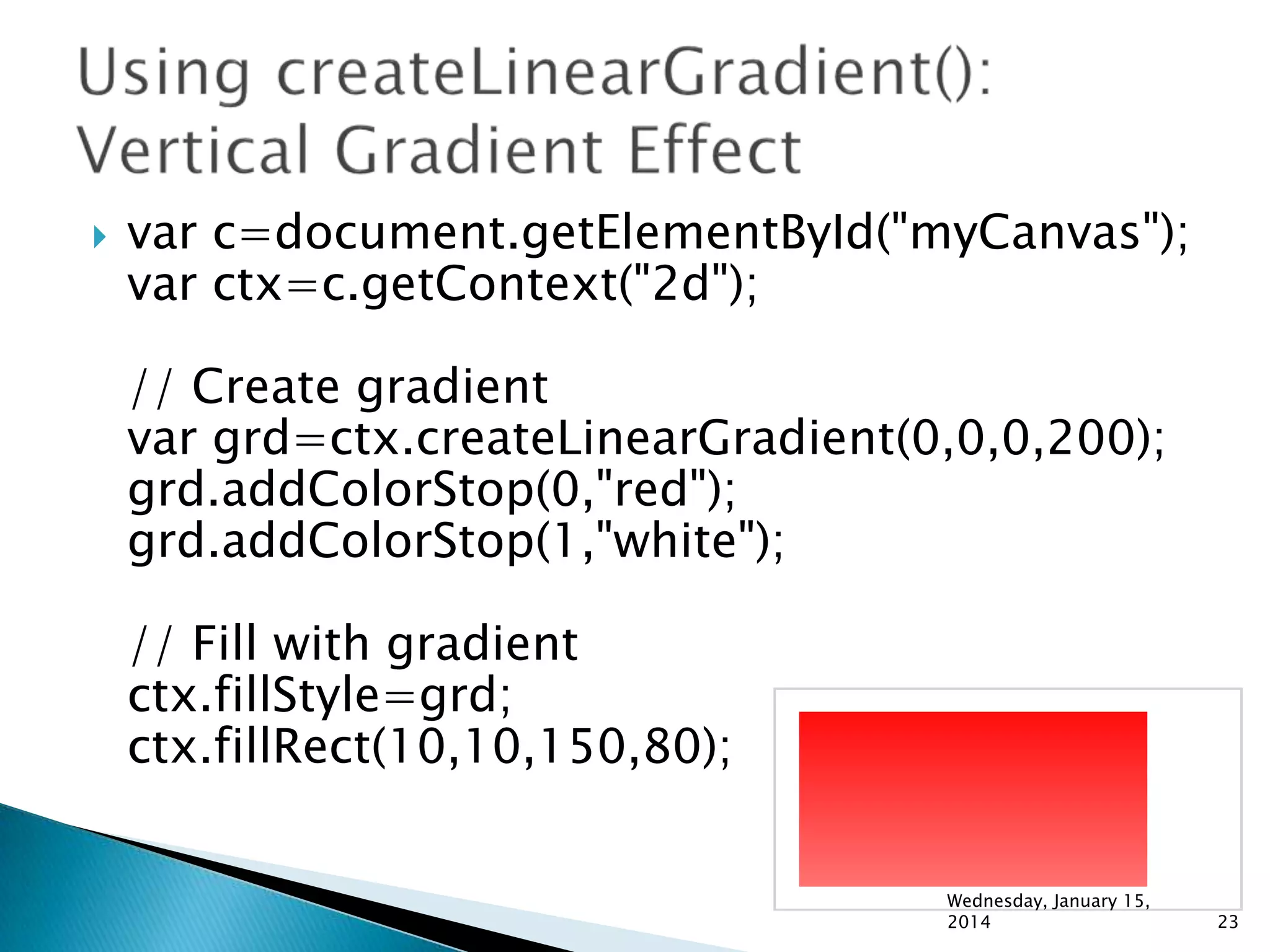 

var c=document.getElementById("myCanvas");
var ctx=c.getContext("2d");
// Create gradient
var grd=ctx.createLinearGradient(0,0,0,200);
grd.addColorStop(0,"red");
grd.addColorStop(1,"white");
// Fill with gradient
ctx.fillStyle=grd;
ctx.fillRect(10,10,150,80);
Wednesday, January 15,
2014

23

 