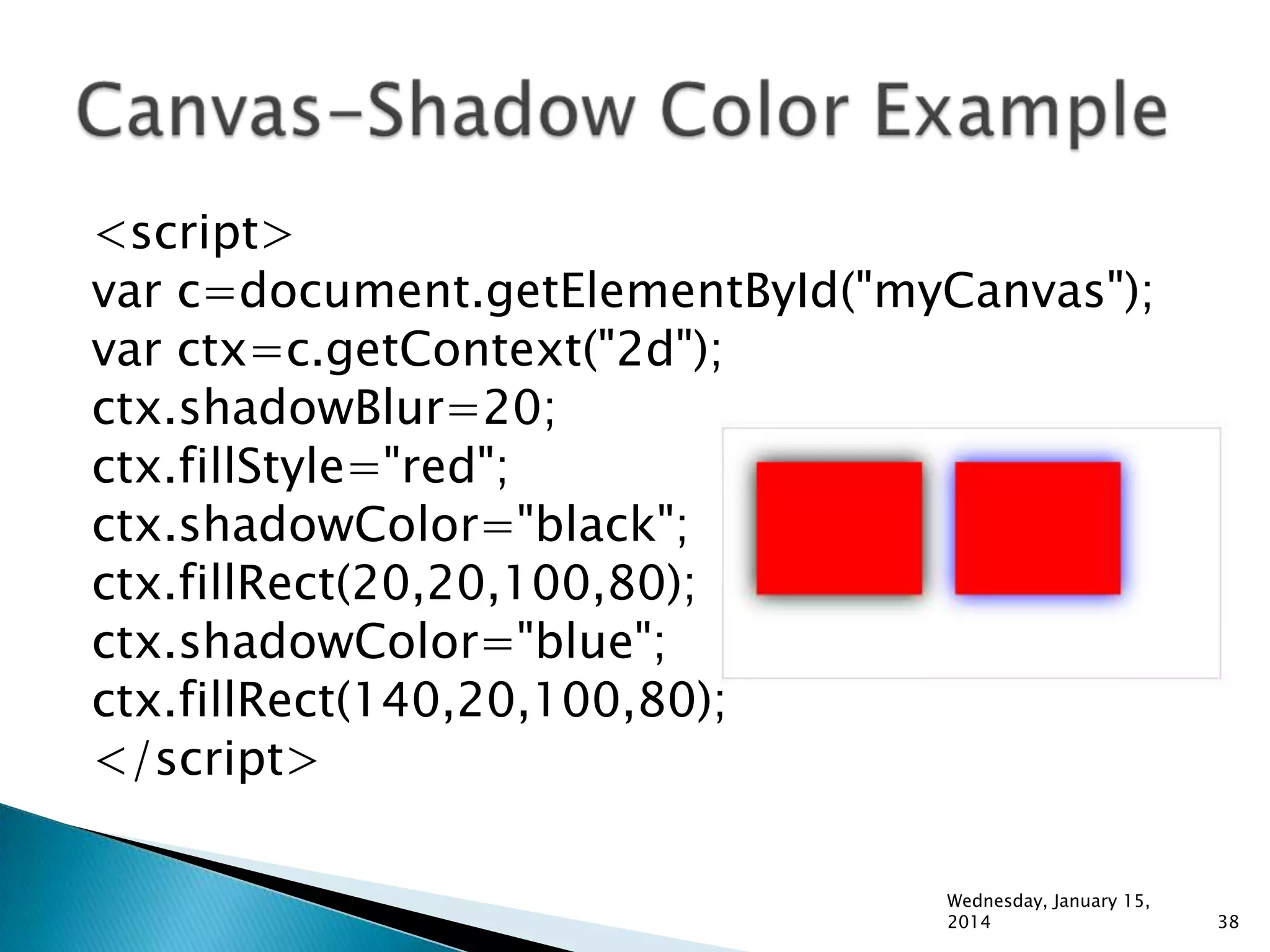 <script>
var c=document.getElementById("myCanvas");
var ctx=c.getContext("2d");
ctx.shadowBlur=20;
ctx.fillStyle="red";
ctx.shadowColor="black";
ctx.fillRect(20,20,100,80);
ctx.shadowColor="blue";
ctx.fillRect(140,20,100,80);
</script>
Wednesday, January 15,
2014

38

 