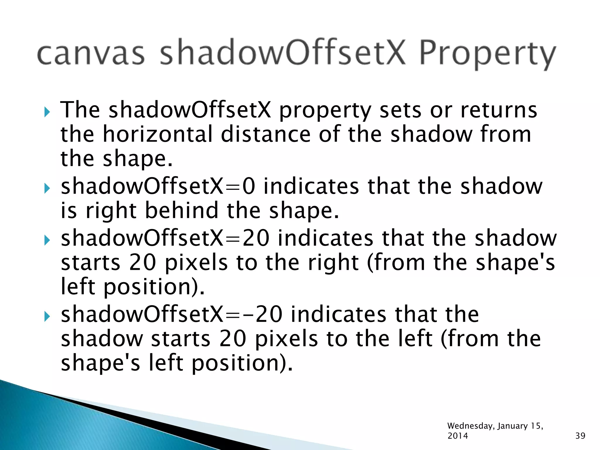 






The shadowOffsetX property sets or returns
the horizontal distance of the shadow from
the shape.
shadowOffsetX=0 indicates that the shadow
is right behind the shape.
shadowOffsetX=20 indicates that the shadow
starts 20 pixels to the right (from the shape's
left position).
shadowOffsetX=-20 indicates that the
shadow starts 20 pixels to the left (from the
shape's left position).
Wednesday, January 15,
2014

39

 