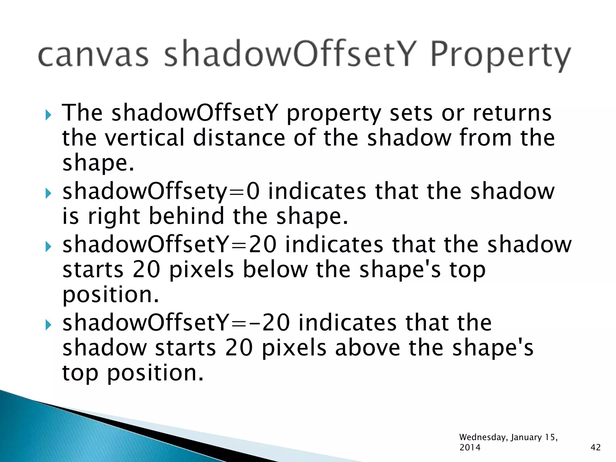






The shadowOffsetY property sets or returns
the vertical distance of the shadow from the
shape.
shadowOffsety=0 indicates that the shadow
is right behind the shape.
shadowOffsetY=20 indicates that the shadow
starts 20 pixels below the shape's top
position.
shadowOffsetY=-20 indicates that the
shadow starts 20 pixels above the shape's
top position.
Wednesday, January 15,
2014

42

 