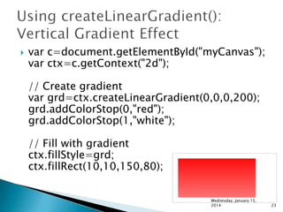 

var c=document.getElementById("myCanvas");
var ctx=c.getContext("2d");
// Create gradient
var grd=ctx.createLinearGradient(0,0,0,200);
grd.addColorStop(0,"red");
grd.addColorStop(1,"white");
// Fill with gradient
ctx.fillStyle=grd;
ctx.fillRect(10,10,150,80);
Wednesday, January 15,
2014

23

 