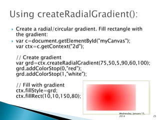 



Create a radial/circular gradient. Fill rectangle with
the gradient:
var c=document.getElementById("myCanvas");
var ctx=c.getContext("2d");
// Create gradient
var grd=ctx.createRadialGradient(75,50,5,90,60,100);
grd.addColorStop(0,"red");
grd.addColorStop(1,"white");
// Fill with gradient
ctx.fillStyle=grd;
ctx.fillRect(10,10,150,80);

Wednesday, January 15,
2014

25

 