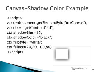 <script>
var c=document.getElementById("myCanvas");
var ctx=c.getContext("2d");
ctx.shadowBlur=35;
ctx.shadowColor="black";
ctx.fillStyle="white";
ctx.fillRect(20,20,100,80);
</script>

Wednesday, January 15,
2014

37

 