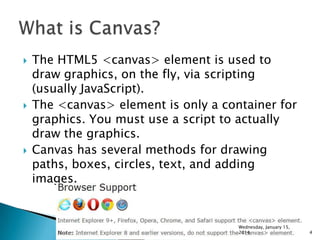 





The HTML5 <canvas> element is used to
draw graphics, on the fly, via scripting
(usually JavaScript).
The <canvas> element is only a container for
graphics. You must use a script to actually
draw the graphics.
Canvas has several methods for drawing
paths, boxes, circles, text, and adding
images.

Wednesday, January 15,
2014

4

 