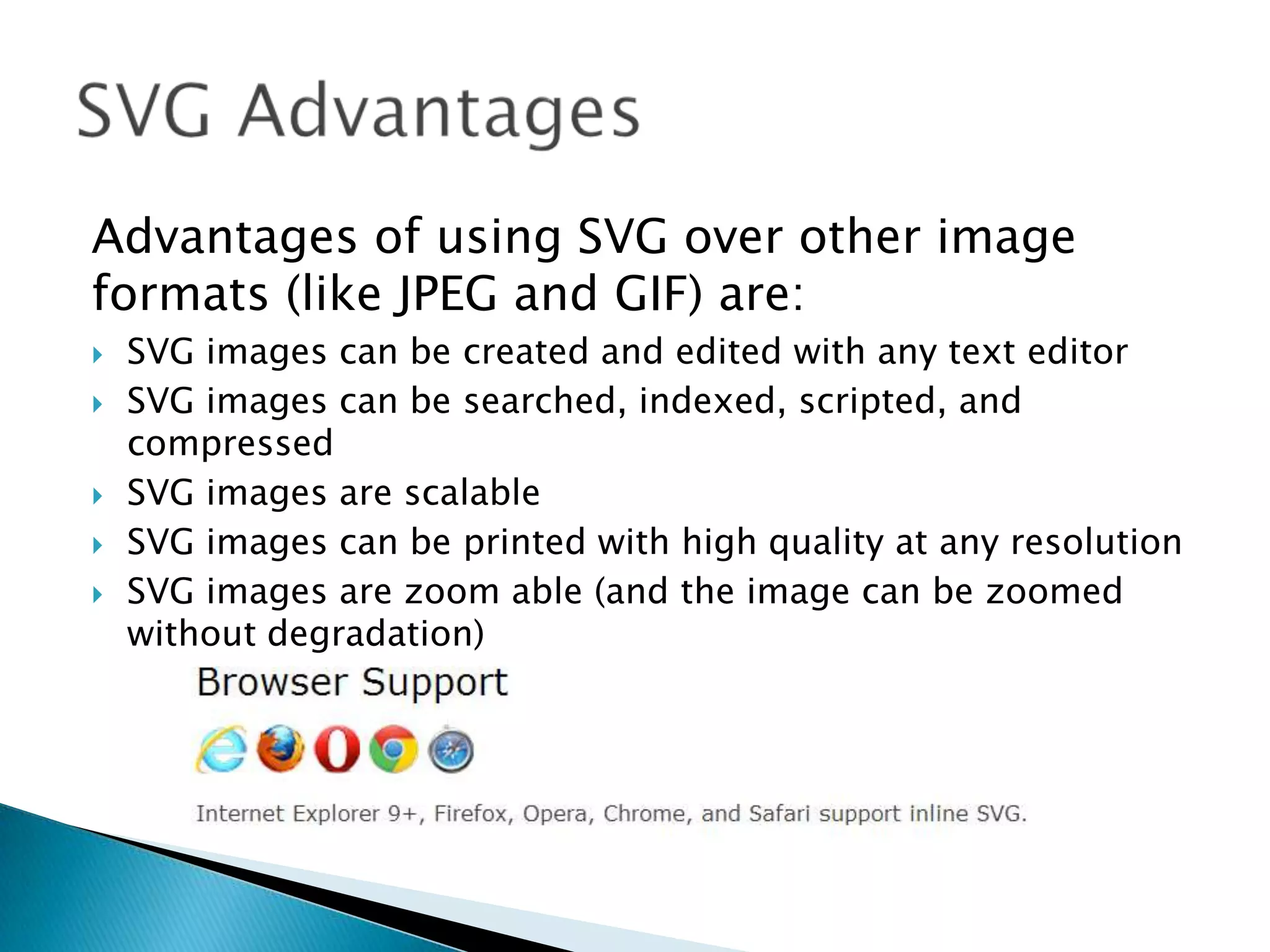 Advantages of using SVG over other image
formats (like JPEG and GIF) are:







SVG images can be created and edited with any text editor
SVG images can be searched, indexed, scripted, and
compressed
SVG images are scalable
SVG images can be printed with high quality at any resolution
SVG images are zoom able (and the image can be zoomed
without degradation)

 