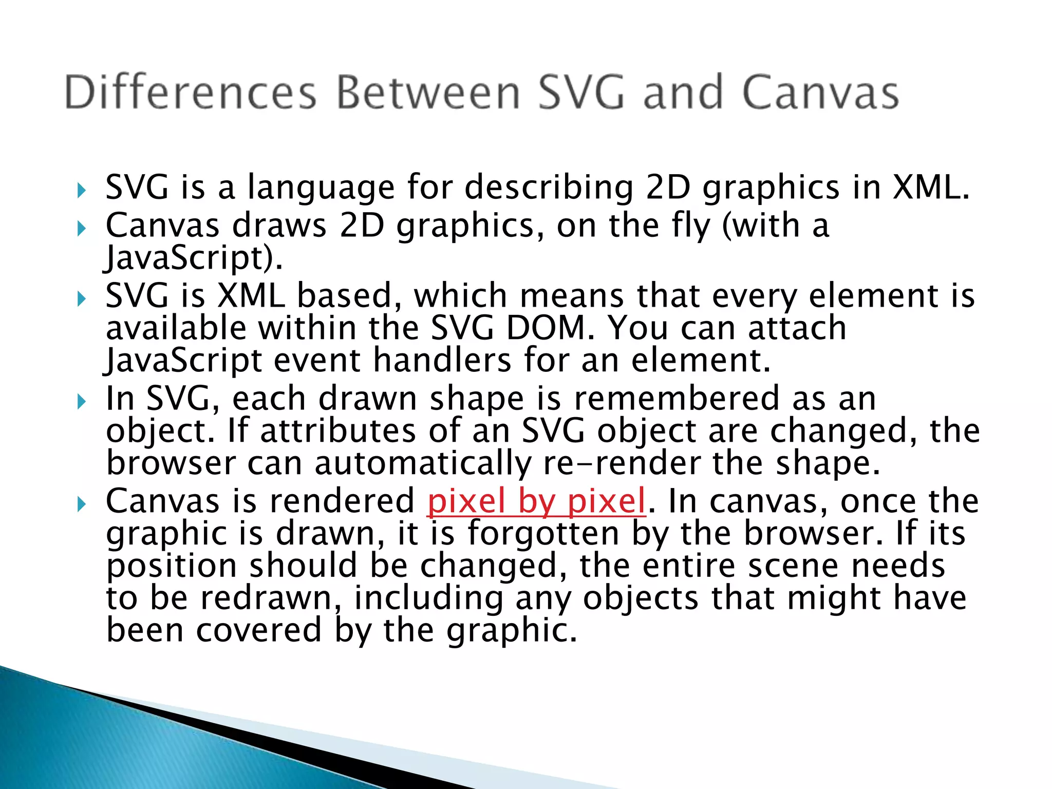 







SVG is a language for describing 2D graphics in XML.
Canvas draws 2D graphics, on the fly (with a
JavaScript).
SVG is XML based, which means that every element is
available within the SVG DOM. You can attach
JavaScript event handlers for an element.
In SVG, each drawn shape is remembered as an
object. If attributes of an SVG object are changed, the
browser can automatically re-render the shape.
Canvas is rendered pixel by pixel. In canvas, once the
graphic is drawn, it is forgotten by the browser. If its
position should be changed, the entire scene needs
to be redrawn, including any objects that might have
been covered by the graphic.

 