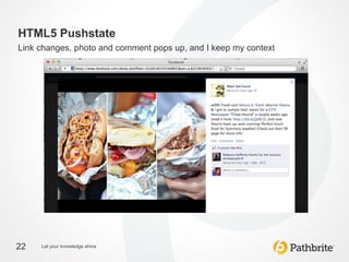 HTML5 Pushstate
Link changes, photo and comment pops up, and I keep my context




22   Let your knowledge shine
 