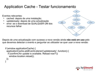 Application Cache - Testar funcionamento Eventos relevantes: cached: depois de uma instalação; updateready: depois de uma actualização error: se o download de QUALQUER UM dos recursos falhar if (window.applicationCache) {    applicationCache.addEventListener('updateready', function() {      if (confirm('An update is available. Reload now?'))        window.location.reload();    }); } Depois de uma actualização com sucesso a nova versão ainda  não está em uso  pelo que devemos detectar o evento e perguntar ao utilizador se quer usar a nova versão: 