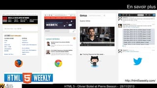 En savoir plus

http://html5weekly.com/
Spark-Archives - Cartographie
HTML 5 - Olivier Boitel et Pierre Besson - 28/11/2013

 