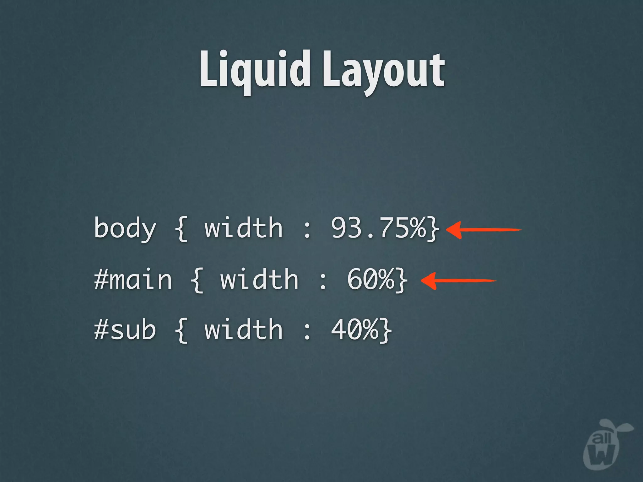 Liquid Layout

body { width : 93.75%}
#main { width : 60%}
#sub { width : 40%}
 