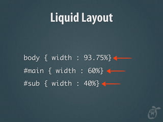 Liquid Layout

body { width : 93.75%}
#main { width : 60%}
#sub { width : 40%}
 