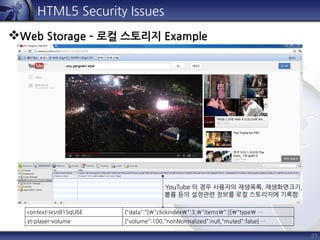 23
HTML5 Security Issues
Web Storage – 로컬 스토리지 Example
context-Ixsn81SqU6E {"data":"{"clickindex":3,"items":[{"type …
yt-player-volume {"volume":100,"nonNormalized":null,"muted":false} …
YouTube 의 경우 사용자의 재생목록, 재생화면크기,
볼륨 등의 설정관련 정보를 로컬 스토리지에 기록함
 