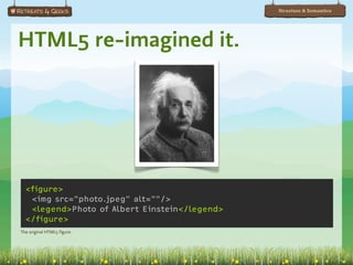 Structure & Semantics




HTML5 re-imagined it.




  <figure>
   <img src="photo.jpeg" alt=""/>
   <legend>Photo of Albert Einstein</legend>
  </figure>
The original HTML5 figure.
 