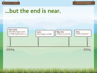 Structure & Semantics




…but the end is near.

 June 2004
 WhatWG begins work        2007                 May 2011             2014
 on Web Applications 1.0   Work begins at W3C   HTML5 to Last Call   HTML5 Standard?




2004                                                                           2014
 