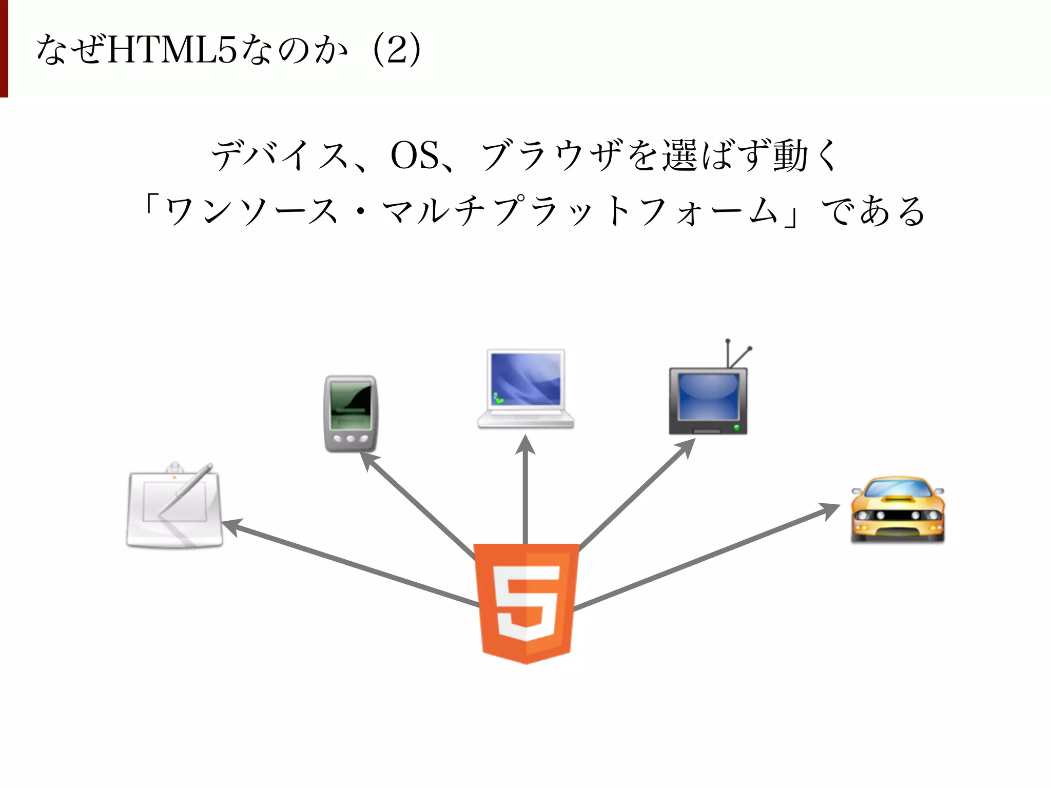なぜHTML5なのか（2）

    デバイス、OS、ブラウザを選ばず動く
  「ワンソース・マルチプラットフォーム」である
 