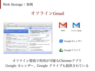 Web Storage：事例

             オフラインGmail




                       Googleカレンダー



                       Googleドライブ



    オフライン環境で利用が可能なChromeアプリ
 Google カレンダー、Google ドライブも提供されている
 