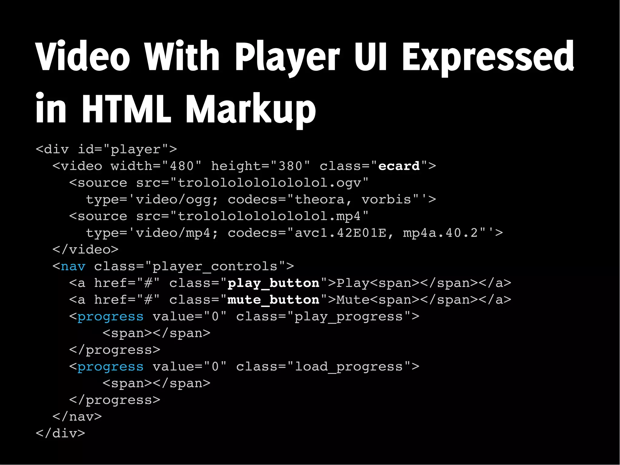 Video With Player UI Expressed
in HTML Markup
<div id="player">
  <video width="480" height="380" class="ecard">
    <source src="trolololololololol.ogv"
       type='video/ogg; codecs="theora, vorbis"'>
    <source src="trolololololololol.mp4"
       type='video/mp4; codecs="avc1.42E01E, mp4a.40.2"'>
  </video>
  <nav class="player_controls">
    <a href="#" class="play_button">Play<span></span></a>
    <a href="#" class="mute_button">Mute<span></span></a>
    <progress value="0" class="play_progress">
         <span></span>
    </progress>
    <progress value="0" class="load_progress">
         <span></span>
    </progress>
  </nav>
</div>
 