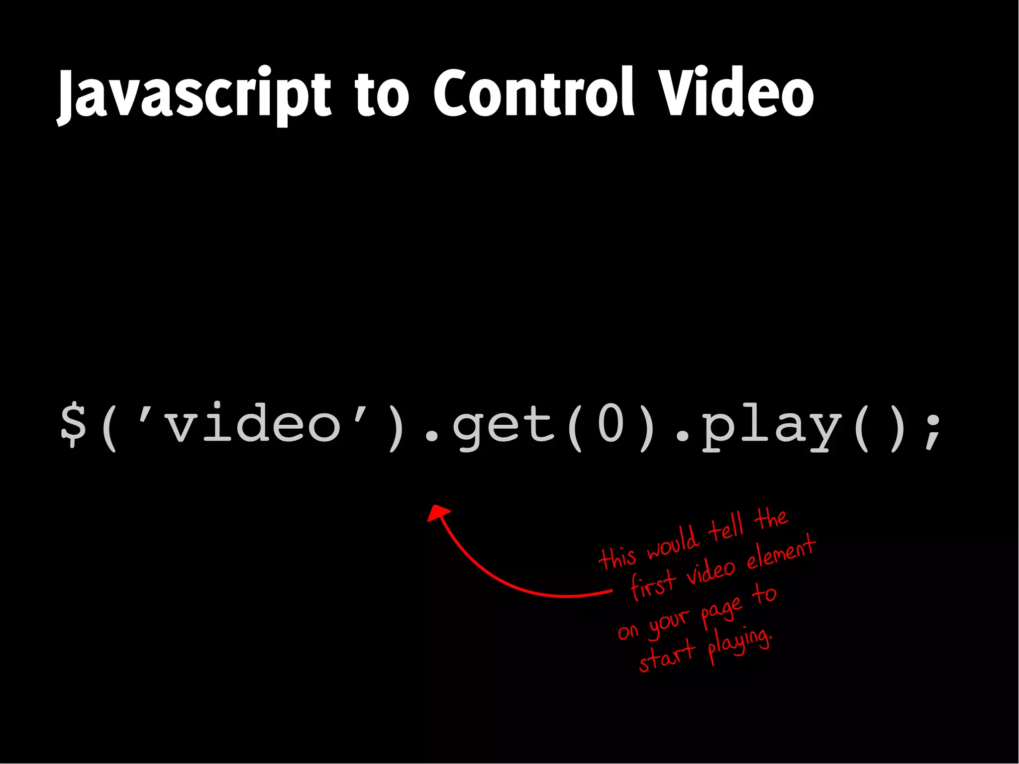 Javascript to Control Video



$(’video’).get(0).play();
                                       e ll the
                            o uld t                t
                   t his w                 e lemen
                                v ideo
                        first                 o
                                   p age t
                      on  your                .
                                    p laying
                         st art
 