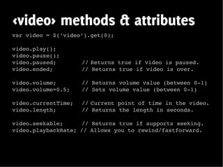 <video> methods & attributes
var video = $(’video’).get(0);

video.play();
video.pause();
video.paused;        // Returns true if video is paused.
video.ended;         // Returns true if video is over.

video.volume;        // Returns volume value (between 0-1)
video.volume=0.5;    // Sets volume value (between 0-1)

video.currentTime;   // Current point of time in the video.
video.length;        // Returns the length in seconds.

video.seekable;     // Returns true if supports seeking.
video.playbackRate; // Allows you to rewind/fastforward.
 