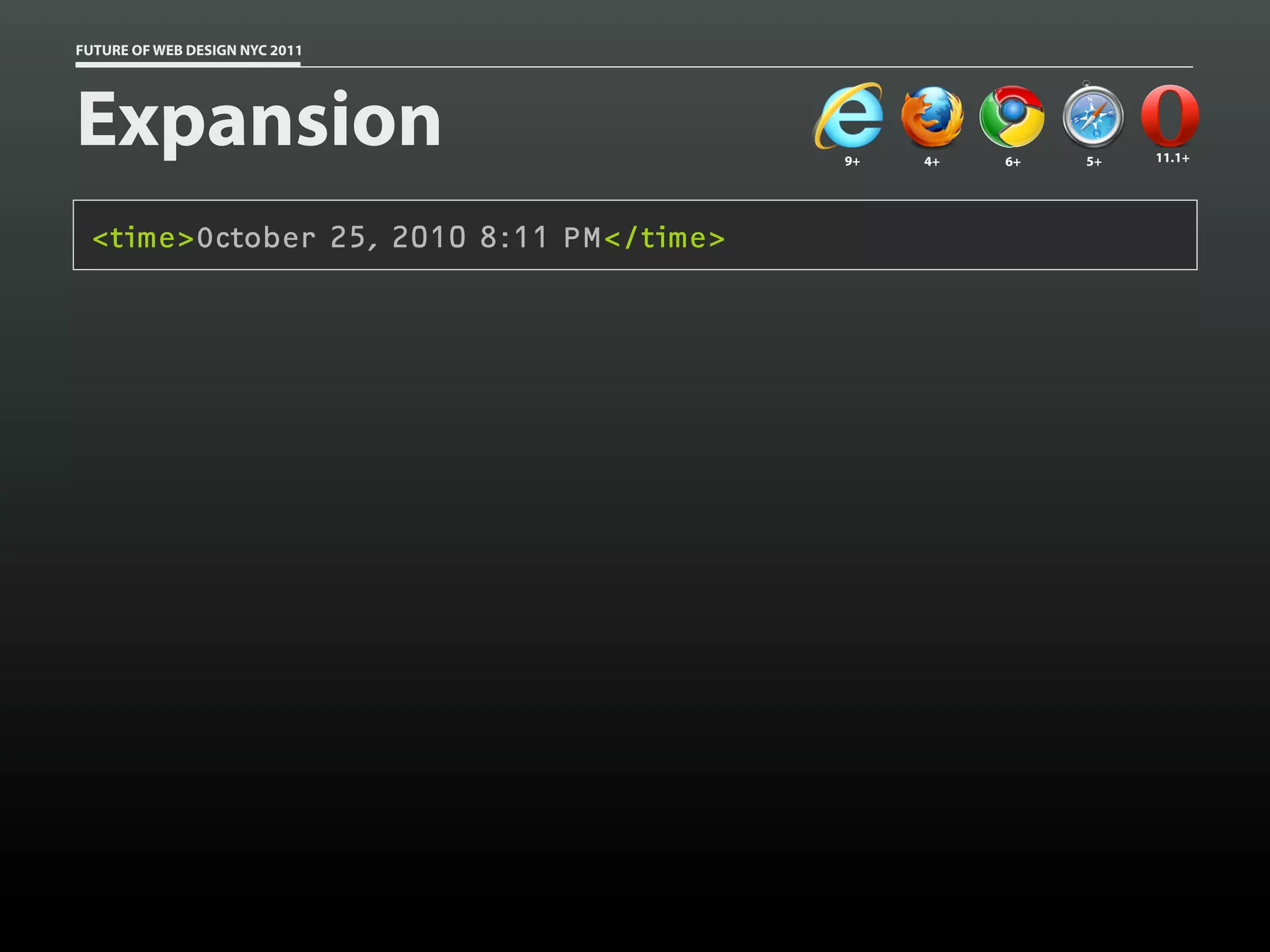 FUTURE OF WEB DESIGN NYC 2011




Expansion                                9+   4+   6+   5+   11.1+




 <time>October 25, 2010 8:11 PM</time>
 