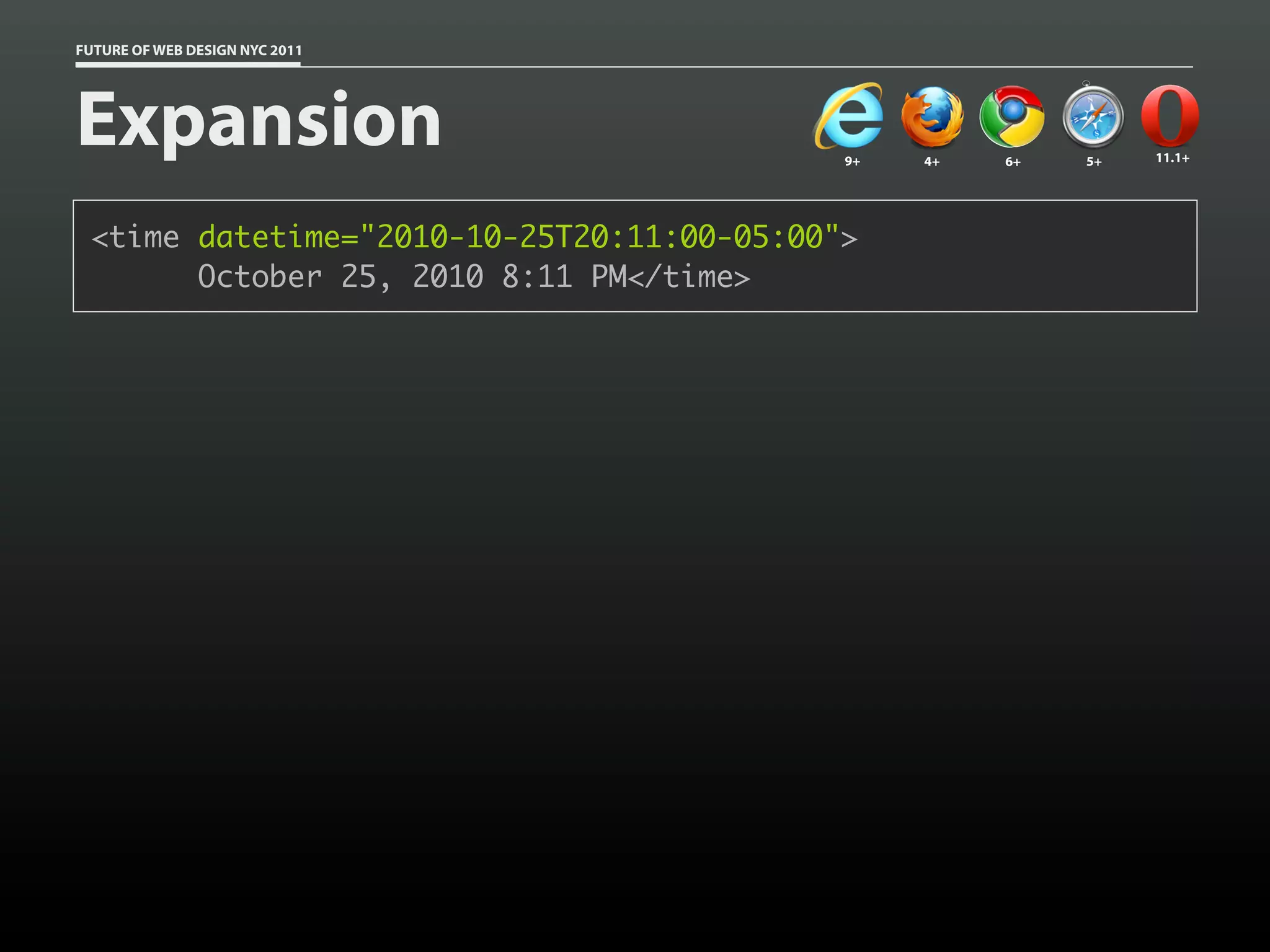 FUTURE OF WEB DESIGN NYC 2011




Expansion                                  9+   4+   6+   5+   11.1+




 <time datetime="2010-10-25T20:11:00-05:00">
       October 25, 2010 8:11 PM</time>
 