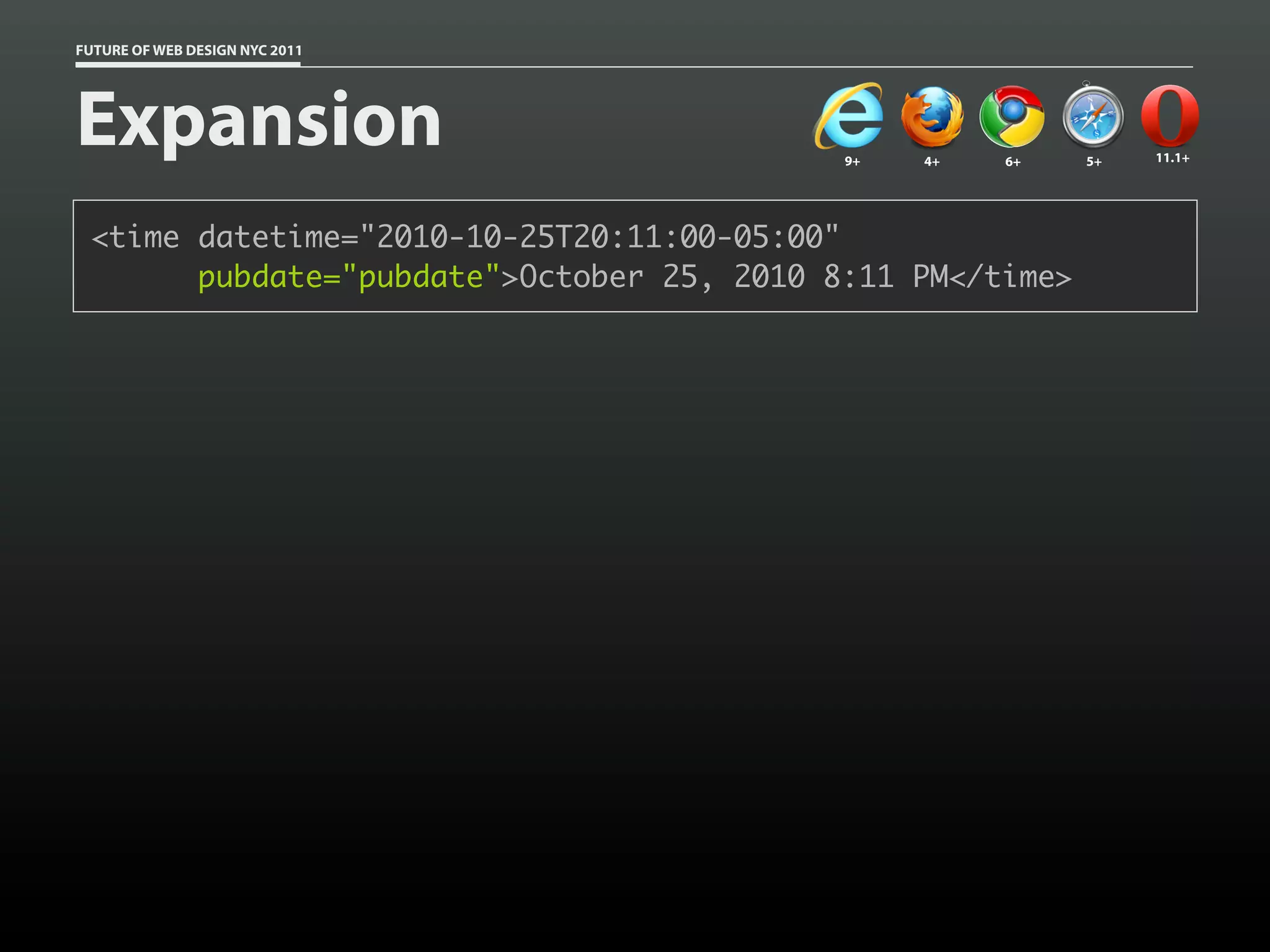 FUTURE OF WEB DESIGN NYC 2011




Expansion                                  9+   4+   6+    5+   11.1+




 <time datetime="2010-10-25T20:11:00-05:00"
       pubdate="pubdate">October 25, 2010 8:11 PM</time>
 