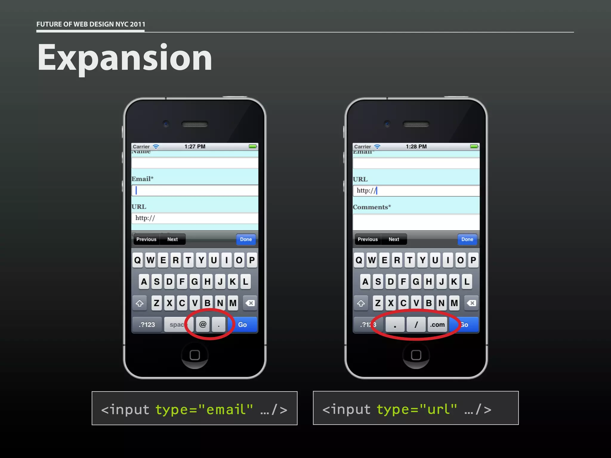 FUTURE OF WEB DESIGN NYC 2011




Expansion




                <input type="email" …/>   <input type="url" …/>
 