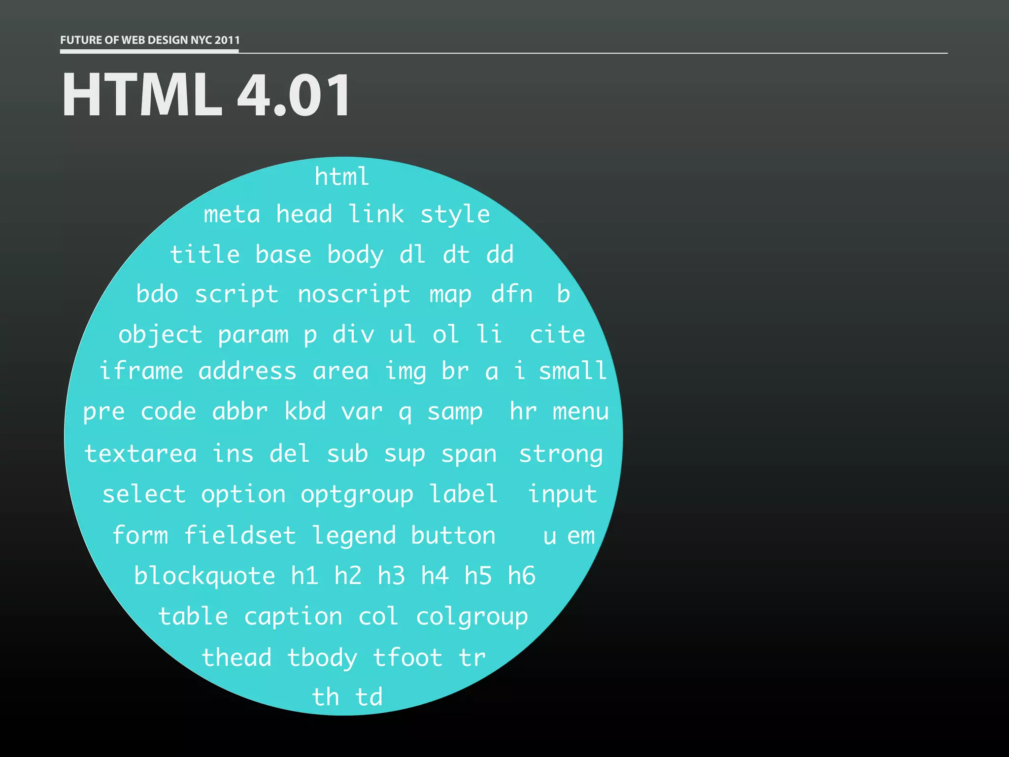 FUTURE OF WEB DESIGN NYC 2011




HTML 4.01
                                html
                       meta head link style
                 title base body dl dt dd
            bdo script noscript map dfn b
         object param p div ul ol li           cite
      iframe address area img br a i small
   pre code abbr kbd var q samp               hr menu
   textarea ins del sub sup span strong
      select option optgroup label             input
        form fieldset legend button             u em
           blockquote h1 h2 h3 h4 h5 h6
               table caption col colgroup
                      thead tbody tfoot tr
                                th td
 