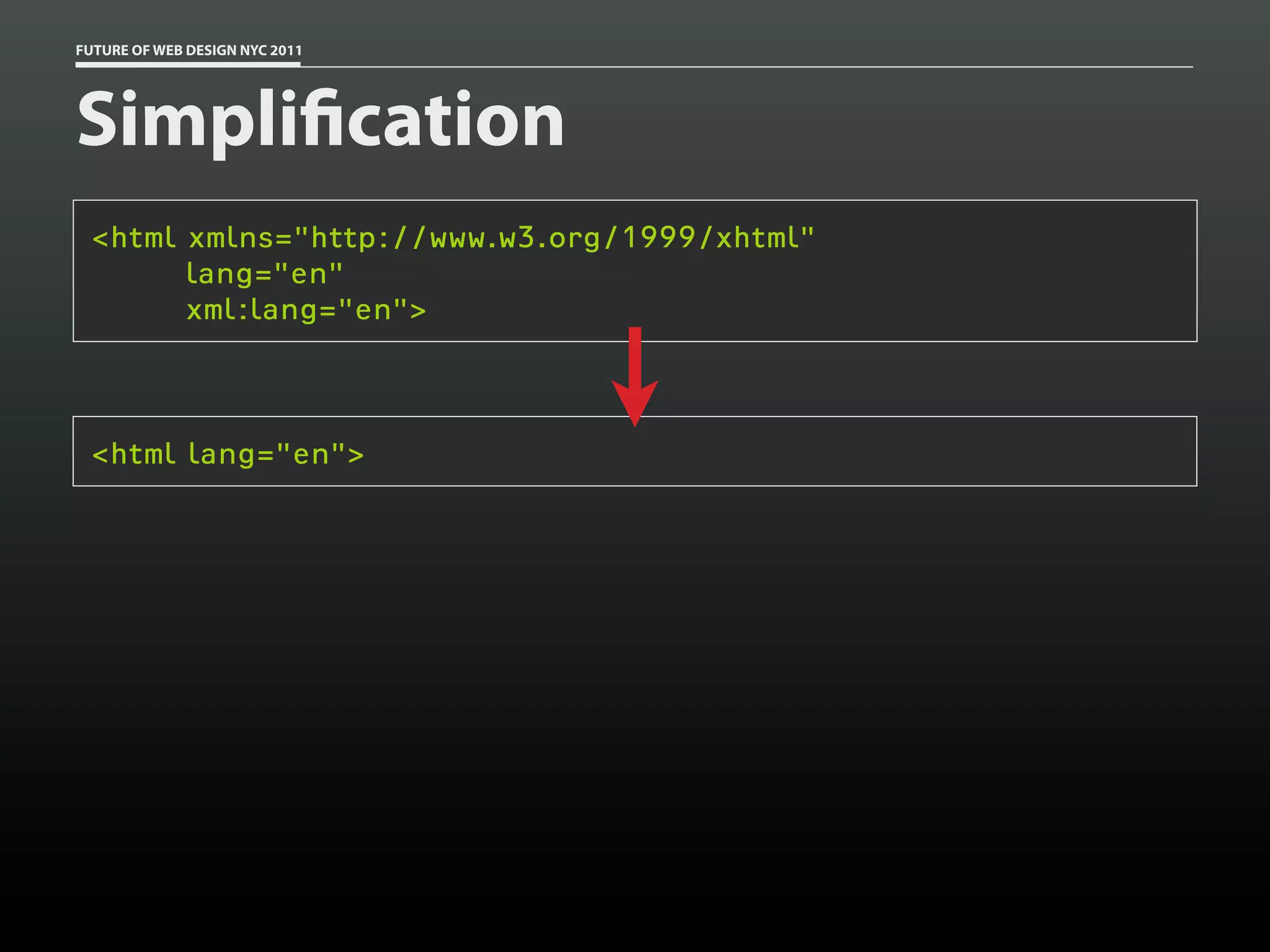 FUTURE OF WEB DESIGN NYC 2011




Simpli cation
 <html xmlns="http://www.w3.org/1999/xhtml"
       lang="en"
       xml:lang="en">



 <html lang="en">
 