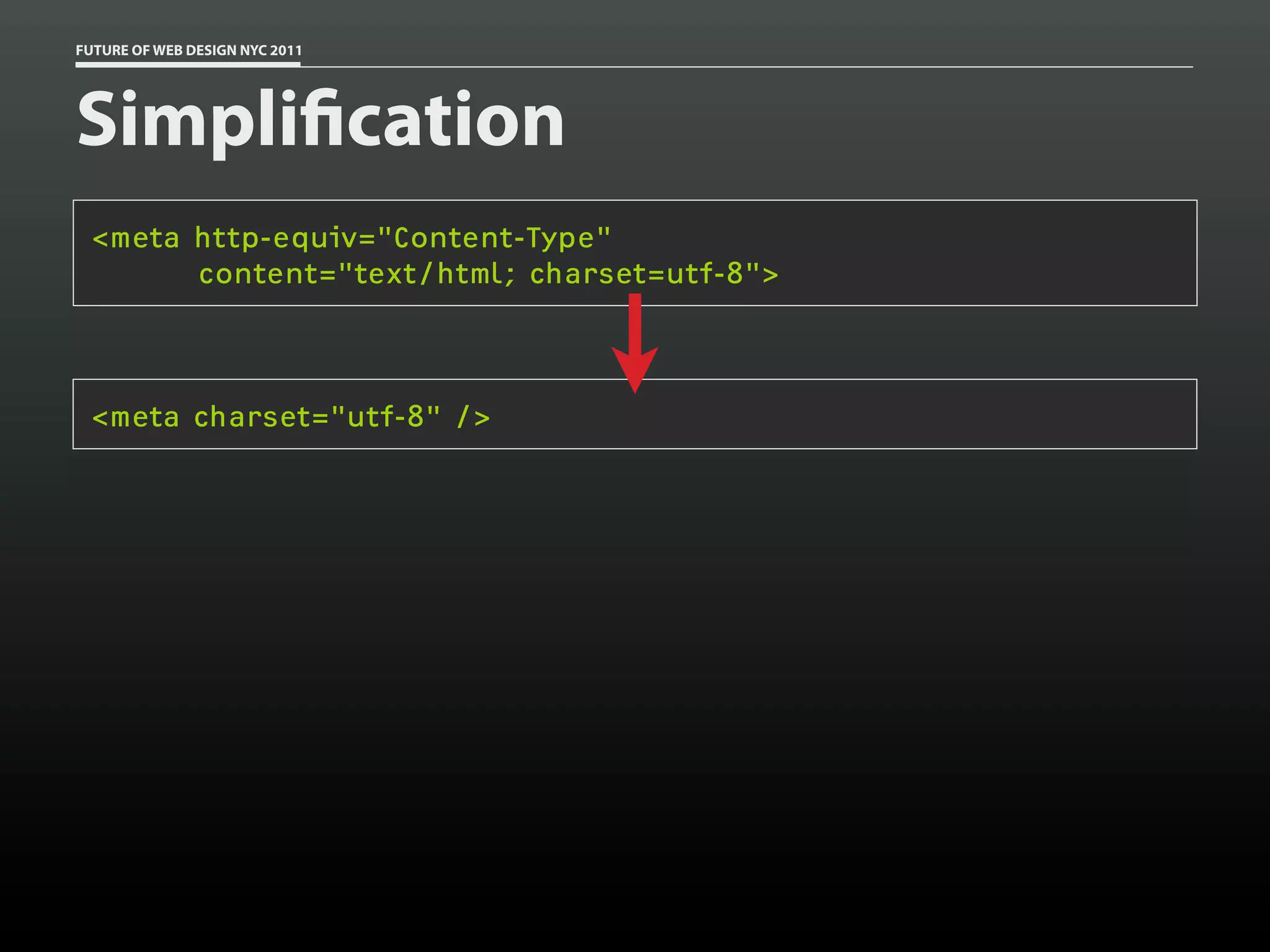 FUTURE OF WEB DESIGN NYC 2011




Simpli cation
 <meta http-equiv="Content-Type"
       content="text/html; charset=utf-8">



 <meta charset="utf-8" />
 