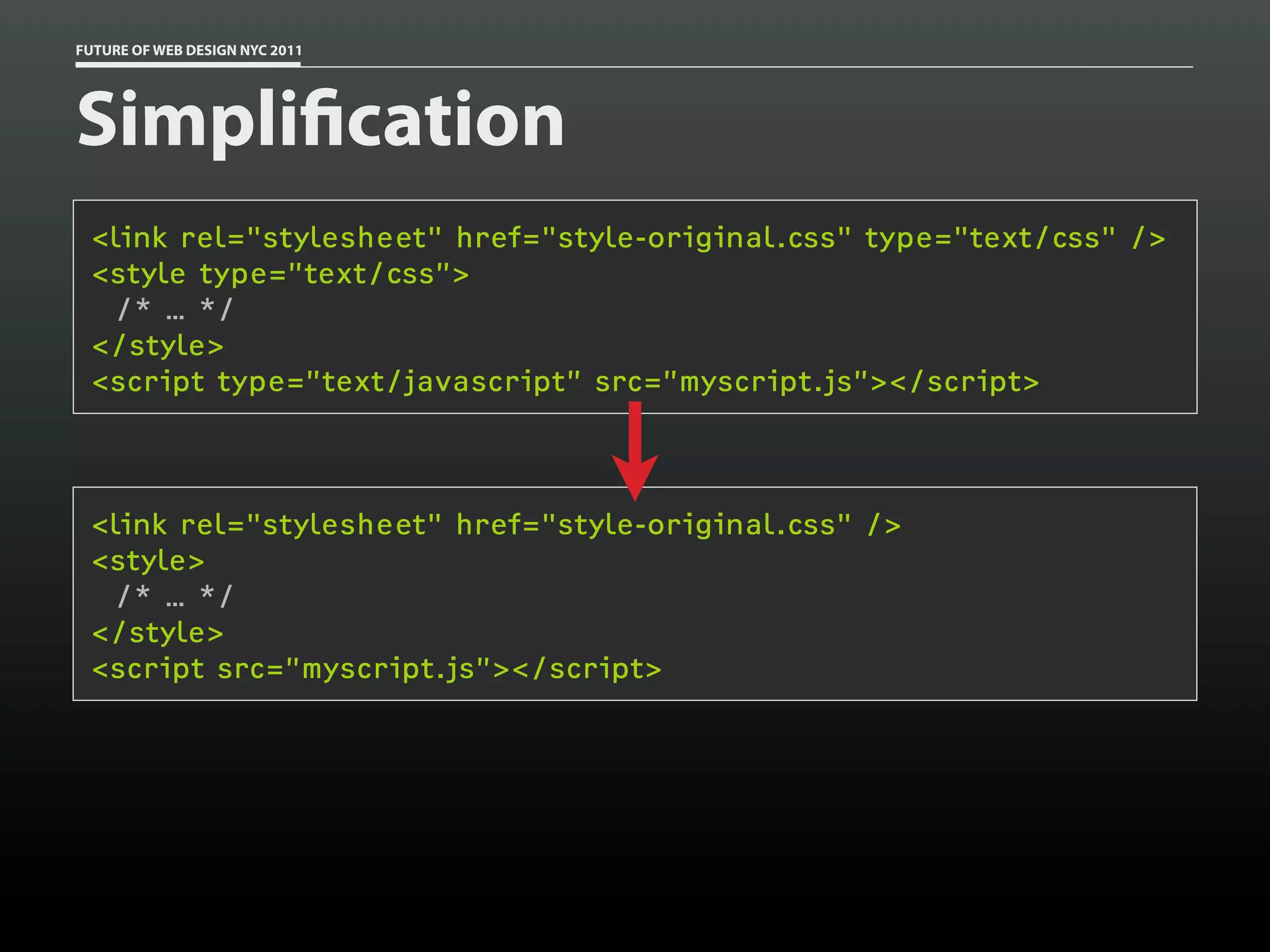 FUTURE OF WEB DESIGN NYC 2011




Simpli cation
 <link rel="stylesheet" href="style-original.css" type="text/css" />
 <style type=”text/css”>
  /* … */
 </style>
 <script type=”text/javascript” src=”myscript.js”></script>



 <link rel="stylesheet" href="style-original.css" />
 <style>
  /* … */
 </style>
 <script src=”myscript.js”></script>
 