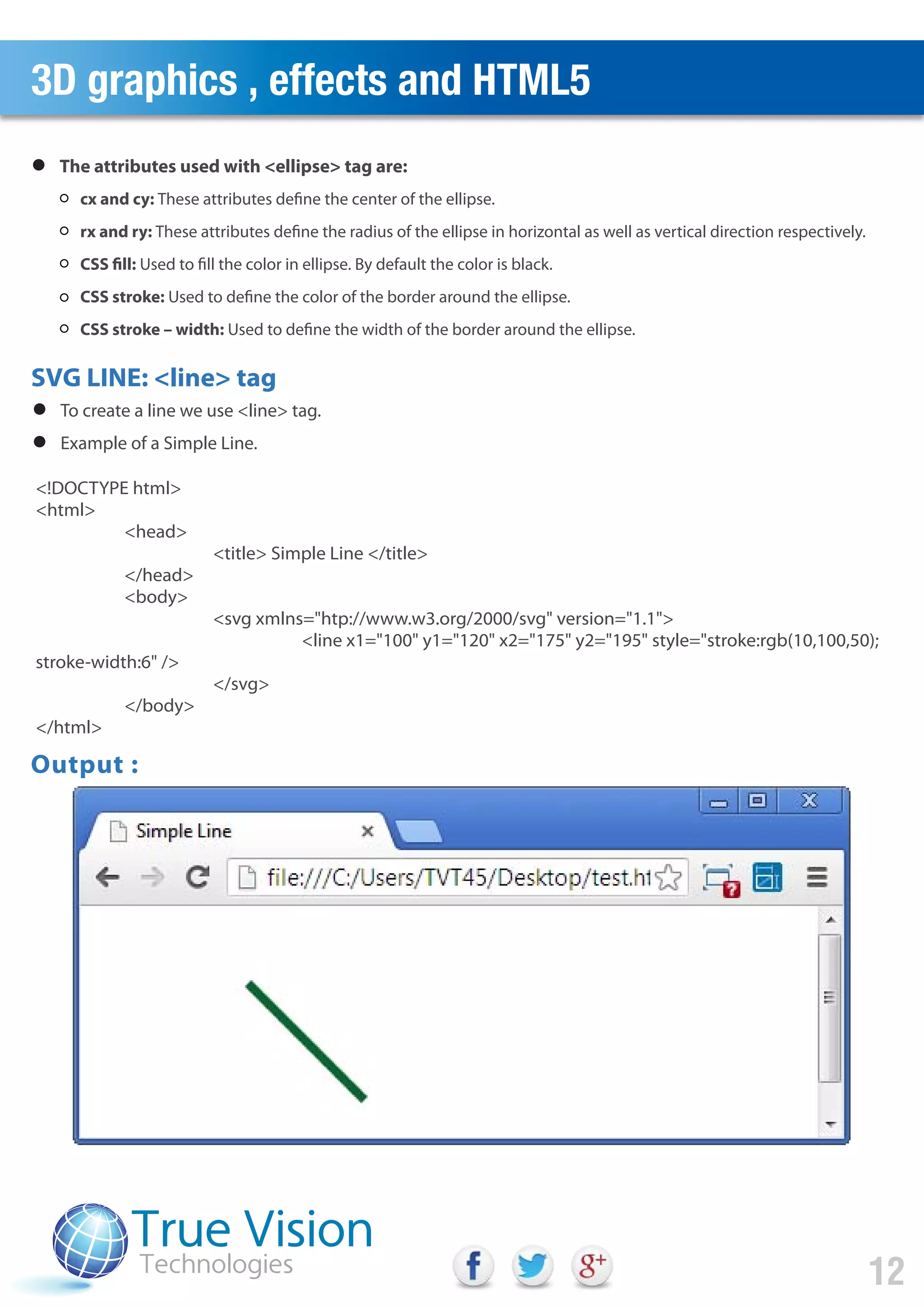 3D graphics , effects and HTML5
12
SVG LINE: <line> tag
<!DOCTYPE html>
<html>
<head>
<title> Simple Line </title>
</head>
<body>
<svg xmlns="htp://www.w3.org/2000/svg" version="1.1">
<line x1="100" y1="120" x2="175" y2="195" style="stroke:rgb(10,100,50);
stroke-width:6" />
</svg>
</body>
</html>
To create a line we use <line> tag.
Example of a Simple Line.
cx and cy: These attributes define the center of the ellipse.
rx and ry: These attributes define the radius of the ellipse in horizontal as well as vertical direction respectively.
CSS fill: Used to fill the color in ellipse. By default the color is black.
CSS stroke: Used to define the color of the border around the ellipse.
CSS stroke – width: Used to define the width of the border around the ellipse.
The attributes used with <ellipse> tag are:
Output :
 