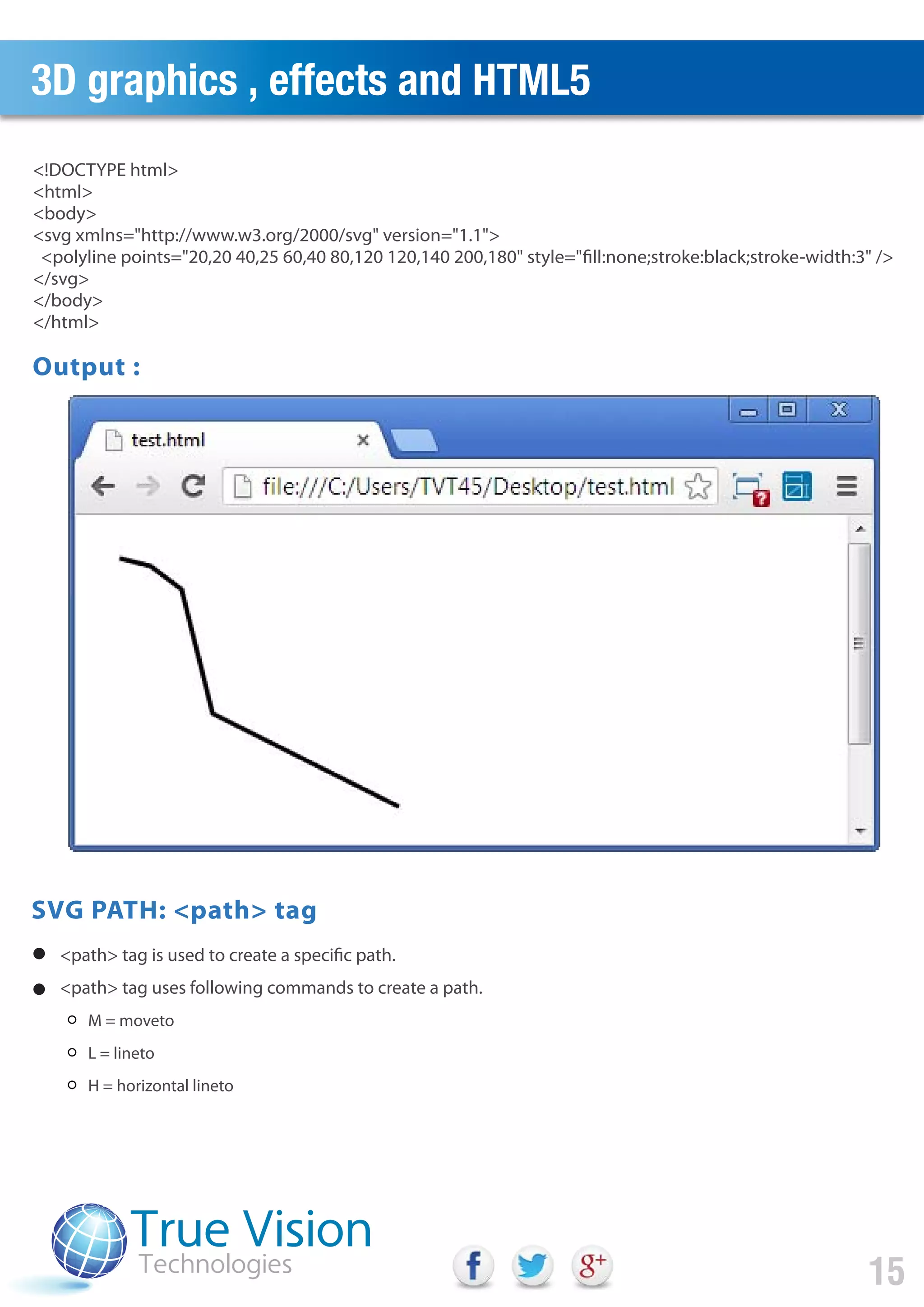 3D graphics , effects and HTML5
15
<path> tag is used to create a specific path.
<path> tag uses following commands to create a path.
M = moveto
L = lineto
H = horizontal lineto
<!DOCTYPE html>
<html>
<body>
<svg xmlns="http://www.w3.org/2000/svg" version="1.1">
<polyline points="20,20 40,25 60,40 80,120 120,140 200,180" style="fill:none;stroke:black;stroke-width:3" />
</svg>
</body>
</html>
Output :
SVG PATH: <path> tag
 