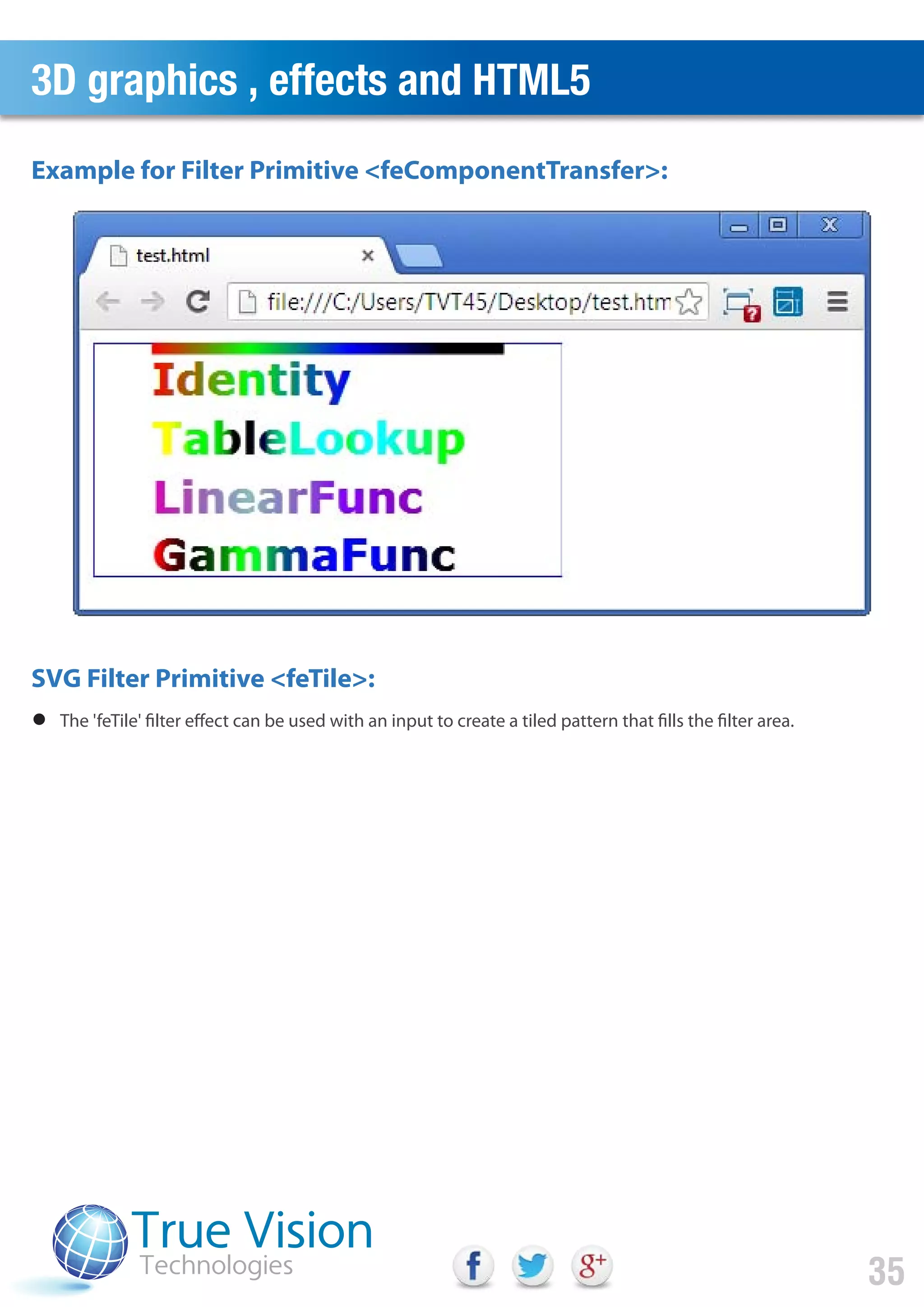 3D graphics , effects and HTML5
35
The 'feTile' filter effect can be used with an input to create a tiled pattern that fills the filter area.
Example for Filter Primitive <feComponentTransfer>:
SVG Filter Primitive <feTile>:
 