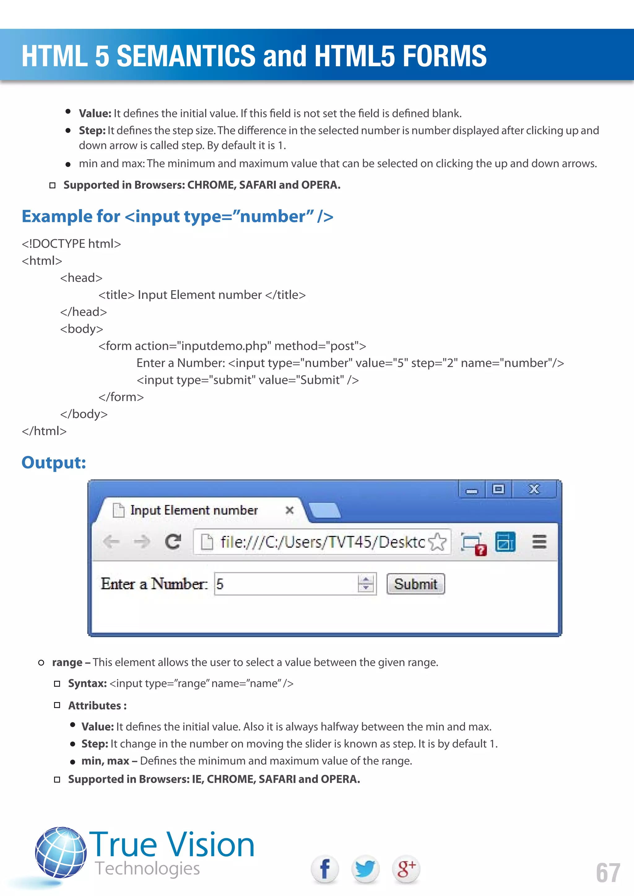 <!DOCTYPE html>
<html>
<head>
<title> Input Element number </title>
</head>
<body>
<form action="inputdemo.php" method="post">
Enter a Number: <input type="number" value="5" step="2" name="number"/>
<input type="submit" value="Submit" />
</form>
</body>
</html>
Output:
Example for <input type=”number”/>
HTML 5 SEMANTICS and HTML5 FORMS
67
range – This element allows the user to select a value between the given range.
Syntax: <input type=”range”name=”name”/>
Attributes :
Value: It defines the initial value. Also it is always halfway between the min and max.
Step: It change in the number on moving the slider is known as step. It is by default 1.
min, max – Defines the minimum and maximum value of the range.
Supported in Browsers: IE, CHROME, SAFARI and OPERA.
Value: It defines the initial value. If this field is not set the field is defined blank.
Step: It defines the step size.The difference in the selected number is number displayed after clicking up and
down arrow is called step. By default it is 1.
min and max: The minimum and maximum value that can be selected on clicking the up and down arrows.
Supported in Browsers: CHROME, SAFARI and OPERA.
 